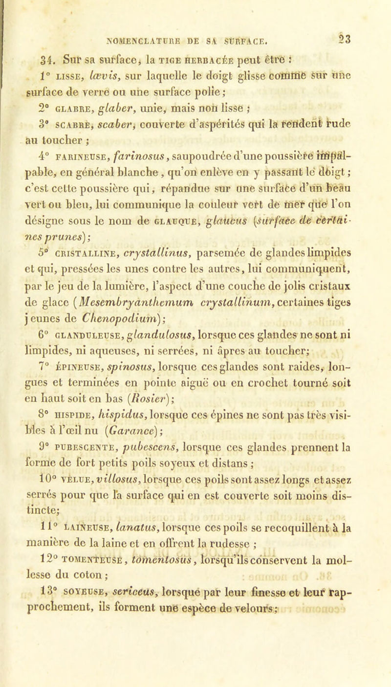 KOMENCLATÜRK DE SA SfRFACE. 53 34. Sur sa surfaccj la tige herbacée peut être : 1” LISSE, lœvis, sur laquelle le doigt glisse comme Sur une gurfacc de verre ou une surlace polie ; 2“ GLABRE, glaber, unie, mais non lisse ; 3® scABRE, scabevi couverte d’aspérités qui la réiïdent Éude au toucher ; 4“ farineuse, farinosus, saupoudrée d’une poussière impSil- pable, en général blanche, qu’on enlève en y paSsarit le dôigl ; c’est cette poussière qui, répandue sur une surface d’un hèàu vert ou bien, lui communique la couleur vert de mer qile l’on désigne sous le nom de glauque, glaucus {^Urfaèe de ëèr'ttti- nés prunes) ; 5“ CRISTALLINE, crystallinus, parsemée de glandes bmpîdes et qui, pressées les unes contre les autres, lui communiquent, par le jeu de la lumière, l’aspect d’une couche do jolis cristaux de glace {Mesembrjanthemum crjstallinuin, ceelames, tigas jeunes de Chenopodium); 6® glanduleuse, glandulosus, lorsque ces glandes ne sont ni limpides, ni aqueuses, ni serrées, ni âpres au toucher; 1° ÉPINEUSE, s/imosMS, lorsque ces glandes sont raides, lon- gues et terminées en pointe aiguë ou en crochet tourné soit en haut soit en bas (Rosier); 8® nispiDE, hispidiis, lorsque ces épines ne sont pas très visi- bles ci l’œil nu [Garance) ; 9® PUBESCENTE, pubescens, lorsque ces glandes prennent la forme de fort petits poils soyeux et distans ; 10° VELUE, lorsque ces poils sont assez longs etassez serrés pour que la surface qui en est couverte soit moins dis- tincte; 11° LAINEUSE, lanatus, lorsque ces poils se recoquillent à la manière de la laine et en ollrent la rudesse ; 12° TOMENTEUSÉ, tômeritosüs, lorsqu’ils conservent la mol- lesse du coton ; 13° SOYEUSE, sericeus, lorsque par leur finesse et leur rap- prochement, ils forment une espèce de velours ;