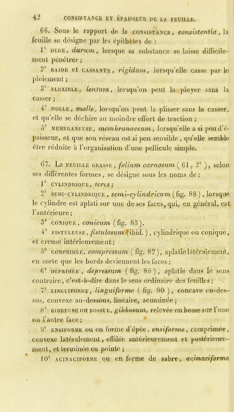 66. Sous le rapport de la consistance, consistentia, \a feuille se désigne par les épithètes de : 1° DUKE, durum, lorsque sa substance se laisse dilHcile- ment pénétrer; 2“ RAIDE et cassante, rigidiim, lorsqu’elle casse parle ploiement ; 3“ FLEXIBLE, lentum^ lorsqu’on peut la ployer sans la casser ; 4“ MOLLE, molle) lorsqu’on peut la plisser sans la casser, et qu’elle se déchire au moindre effort de traction ; 5“ MEMBRANEUSE, mombra7ictceum, lorsqu’elle a si peu d’é- paisseur, et que son réseau est si peu sensible , qu’elle semble être réduite à l’organisation d’une pellicule simple. 67. La FEUILLE GRASSE, foUum carnosum ( 61,2“ ), selon ses différentes formes, se désigne sous les noms de : 1“ CYLINDRIQUE, teveS 2“ SEMI-CYLINDRIQUE, semi-cjlindricum 88 ), lorsque le cylindre est aplati sur une de ses faces, qui, en général, est l’antérieure ; 3 CONIQUE, conicum (fig. 83). 4“ FisTULEusE, fistulosum (ibid. ), cylindrique ou conique, et creuse intérienrement ; 5“ COMPRIMÉE, compressum ( fig. 82), aplatie latéralement, en sorte que les bords deviennent les faces ; 6® DÉPRIMÉE , depressum ( fig. 85 ) , aplatie dans le sens contraire, c’est-à-dire dans le sens ordinaire des feuilles ; 7“ LiNGuiFORME, Unguiformo (fig. 90), concave en-des- sus, convexe au-dessous, linéaire, acuminée ; 8“ GiBBEUSE ou BOSSUE, gibbosuM, relevée en bosse sur l’une ou l’autre face; 9“ ENSiFORME ou 611 forme d’épée, ensiforrne, comprimée, convexe latéralement, ellilée antérieurement et postérieure- ment, et terminée en pointe ; (0° ACiNACiFORME OU en forme do sabre, acinaciforme