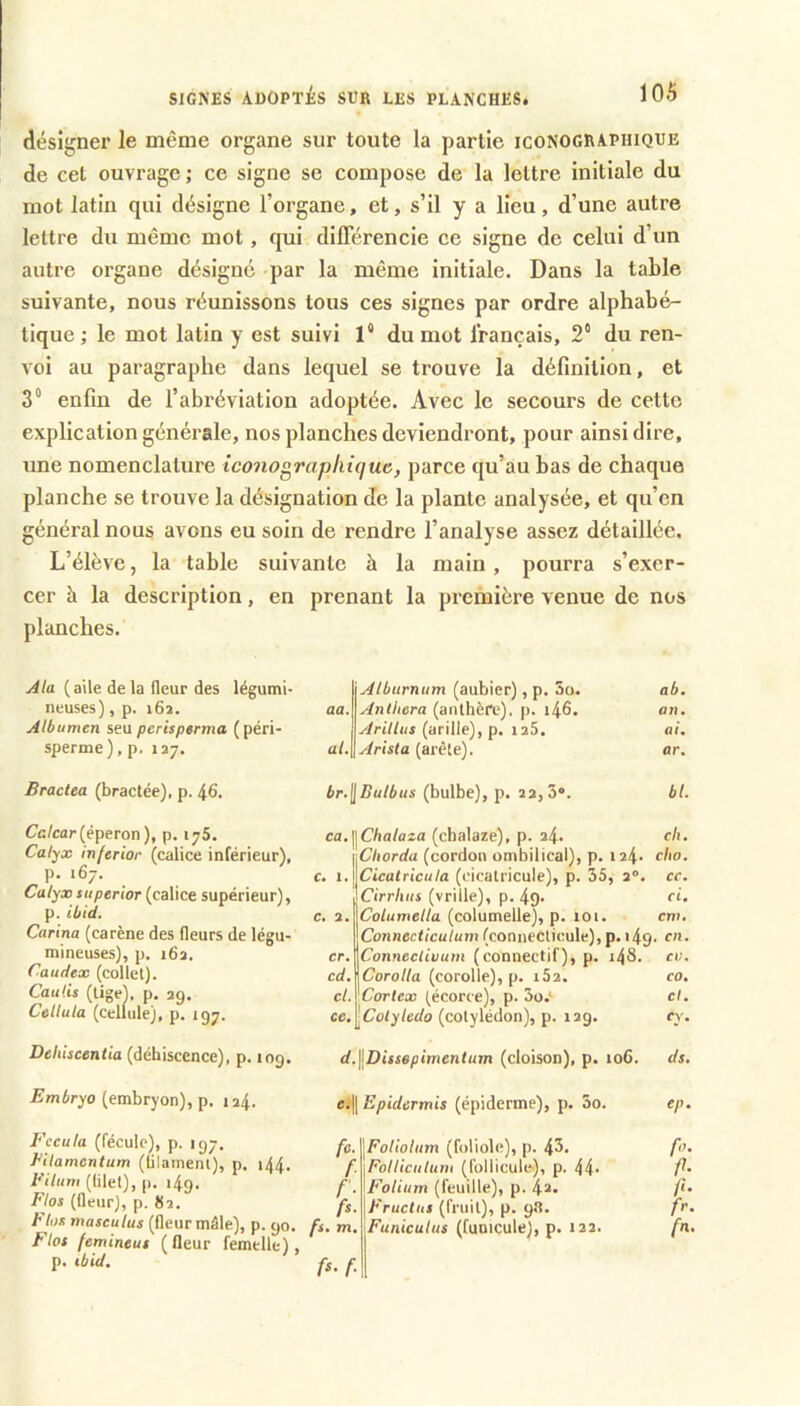 désigner le même organe sur toute la partie iconographique de cet ouvrage ; ce signe se compose de la lettre initiale du mot latin qui désigne l’organe, et, s’il y a lieu, d’une autre lettre du même mot, qui différencie ce signe de celui d’un autre organe désigné par la même initiale. Dans la table suivante, nous réunissons tous ces signes par ordre alphabé- tique ; le mot latin y est suivi 1* du mot français, 2“ du ren- voi au paragraphe dans lequel se trouve la définition, et 3“ enfin de l’abréviation adoptée. Avec le secours de cette explication générale, nos planches deviendront, pour ainsi dire, une nomenclature iconographique, parce qu’au bas de chaque planche se trouve la désignation de la plante analysée, et qu’en général nous avons eu soin de rendre l’analyse assez détaillée. L’élève, la table suivante à la main, pourra s’exer- cer à la description, en prenant la première venue de nos planches. ..4/a (aile delà fleur des légumi- neuses) , p. 162. Albumen seu perisperma (péri- sperme), p. 127. aa. al. Alburnum (aubier), p. 5o. Anlhera (anthère), p. i46. Aritlus (arille), p. i25. Arista (arête). ab. an. ai. ar. Bractea (bractée), p. 46. br.^Bulbus (bulbe), p. 22,3®. bl. Cc/car (éperon ), p, 176. Ca/yx Inferior (calice inférieur), p. 167. Calyx sitperior (calice supérieur), p. ibid. Carina (carène des fleurs de légu- mineuses), p. 162. Caudex (collet). Caulis (tige), p. 29. Celtula (cellule), p. 197. ca.^Chalaza (chalaze), p. 24. ch. ’ùChorda (cordon ombilical), p. 124. cho. c. i.ilCicatricula (tncatricule), p. 35, 2“. cc. «Cirrhiis (vrille), p. 49. ci. c. 2. Columel/a (columelle), p. loi. cm, Connecticulum (connecticule), p. i49- en. cr. Corinec/iaum (connectif), p. i48. cv. crf. Coro/Ia (corolle), p. iSa. co, cl. 'Cortex (écorce), p. 3o.'’ d. ce.lColyledo (cotylédon), p. 129. ry. Dehiscentia (déhiscence), p. 109. d.\\Ditsepimentum (cloison), p. 106. ds. Æmêryo (embryon), p. 124. c.'|| Epidermis (épiderme), p. 3o. ep. Fccula (fécule), p. 197. h’Hamcntum (ülamenl), p. 144. Eilum (filet), |). 149. Fias (fleur), p. 82. Flou masculus (fleur mâle), p. 90. Flot femineus (fleur femelle), p. ibid. fe. f- r- fs. fs. m. fs.f \^Foliolum (foliole), p. 4^. iFolliculum (follicule), p. 44- ^Folium (feuille), p. 4*- \Fructus (fruit), p. 98. Funiculus (funicule), p. 122. fo. fl- fl- fr- fn.