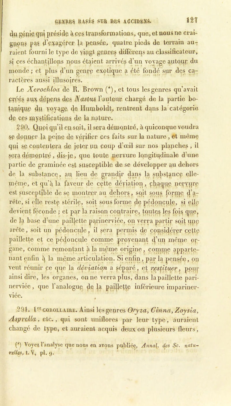 12Î CÇÏRE5 V:\sh SUR DP.S AGCIDEN3. g^oip qui pr^sidp ÇQs Iransfarmations, que, et nous ne crai- gnon.3 d’e¥ag<5rei’ ^a pensée,, quatre pieds de terrain au- raient fourni le type de vingt genres différeqs au classificateur, si ces échantillons nous étaient arrivés d’un voyage autoqr. du monde ; et plus d’un ^enre exptic^ue a été fondé sur des ca- ractères aussi illusoires. Le Xerockloa de R. Brown (*), et tous les genres qu’avait pvééî: auj^ dépens de^ Nastus l’auteur, chargé de la partie bo- tanique dvt voyage de Humholdt, rentrent dqns la catégorie dq ces inystifiçatiuns de la npture. 290. Quoi qu’il en soit, il sera démontré, à quiconque voudra sq donner la peine de vérifier ces faits sur. la nature, et même qui 3e contentera de jeter un coup d’œil sur nos planches, il sera démontré, dis-je, que toute nervure longitudinale dhinc partie de graminée est susceptible de se développer au dehors de la substance, au lieu de grandjr dans la substance elle- mênie, et qu’l^ la faveur de cçtte déyiation, çhaçjup nerviirc est susceptible de se montrer au dehors, spit sous forme d’a- rête, si elle reste stérile, soit sous forme de pédqnoule, si eUc devient féconde ; et par la raison coptraire, tputes Içs fois qpé? de la base d’une paillette parinerviée, on verra partir soit pUP arête, soit un pédoncule, il sera permis dç çonsidérqr çettq paillette et ce pédoncule comme provenant d’un même or- gane, comme remontant h la même origine, comme apparte- nant enfin la même articulation. Si enfin par la pensée, pn veut réunir ce que la dév^atiqn a ^éparé, et nes^ituer, PPOl’ ainsi dire, les organes, on ne verra plus, dans la paillette pari- nerviée, que l’analogue de ^ padleRp inférieure impariiier- viée. , 291. COROLLAIRE. Alusi les genres Oryza, Cinna, Zoysia, A^pvçtUa, etc., qui sont uniflores par leur type, auraient changé de type, et auraient acquis deux ou plusieurs fleurs, (*) Voye? l’analyse que nous en avons publiée. Annal, des Sc. natu- relles, t. V, pl. 9.