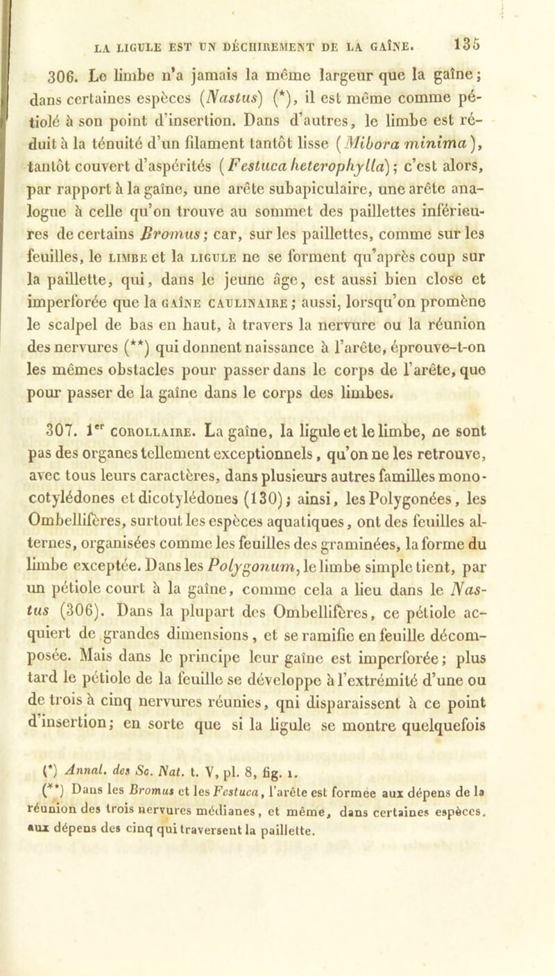 306. Le limbe n’a jamais la même largeur que la gaîne; dans certaines espèces (Nastus) {*), il est même comme pé- tiolé à son point d’insertion. Dans d’autres, le limbe est ré- duit à la ténuité d’un filament tantôt lisse [Mibora minima), tantôt couvert d’aspérités {Festuca lietei'ophjlla) ; c’est alors, par rapport à la gaîne, une arête subapiculaire, une arête ana- logue h celle qu’on trouve au sommet des paillettes inférieu- res de certains Bronius ; car, sur les paillettes, comme sur les feuilles, le limbe et la ligule ne se forment qu’après coup sur la paillette, qui, dans le jeune âge, est aussi bien close et imperforée que la gaîne caulinaire; aussi, lorsqu’on promène le scalpel de bas en haut, à travers la nervure ou la réunion des nervures (**) qui donnent naissance h l’arête, éprouve-t-on les mêmes obstacles pour passer dans le corps de l’arête, que pour passer de la gaîne dans le corps des limbes. 307. 1 corollaire. La gaîne, la ligule et le limbe, ne sont pas des organes tellement exceptionnels, qu’on ne les retrouve, avec tous leurs caractères, dans plusieurs autres familles mono- cotylédones et dicotylédones (130); ainsi, lesPolygonées, les Ombellifères, surtout les espèces aquatiques, ont des feuilles al- ternes, organisées comme les feuilles des graminées, la forme du limbe exceptée. Dans les PoLjgonum^ le limbe simple tient, par un pétiole court è la gaîne, comme cela a lieu dans le Nas- tus (306). Dans la plupart des Ombellifères, ce pétiole ac- quiert de grandes dimensions, et se ramifie en feuiUe décom- posée. Mais dans le principe leur gaîne est imperforée; plus tard le pétiole de la feuille se développe à l’extrémité d’une ou de trois à cinq nervures réunies, qni disparaissent à ce point d insertion ; en sorte que si la ligule se montre quelquefois (*) Annal, de» Sa. Nat. l. V, pl. 8, fig. i. (**) Daus les Bromut et les Festuca, l’arcle est formée aux dépens de la réunion des trois nervures médianes, et même, dans certaines espèces, aux dépens des cinq qui traversent la paillette.