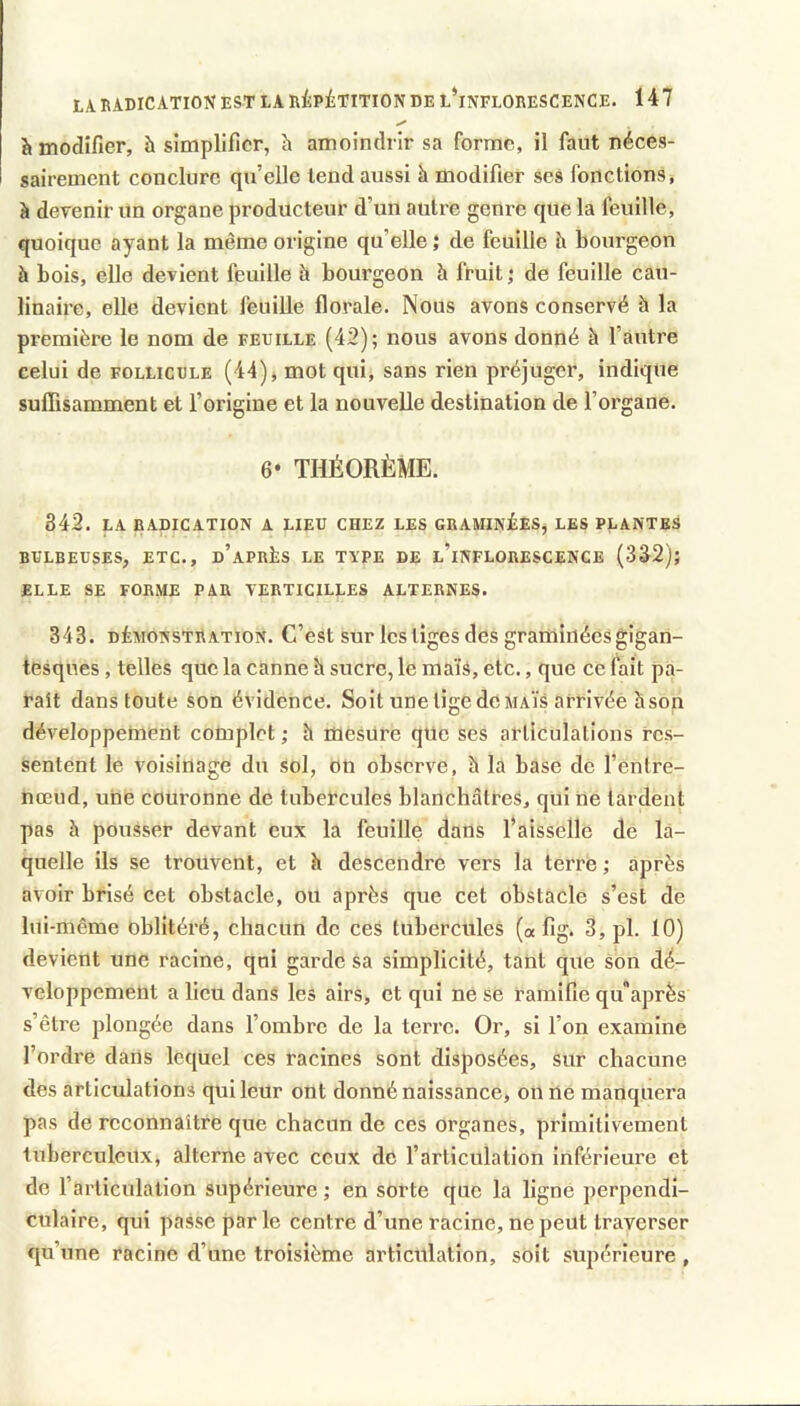 î» modifier, à simplifier, à amoindrir sa forme, il faut néces- sairement conclure qu’elle tend aussi à modifier ses fonctions, à devenir un organe producteur d’un autre genre que la feuille, quoique ayant la même origine qu’elle ; de feuille h bourgeon à bois, elle devient feuille à bourgeon h fruit ; de feuille cau- linaire, elle devient feuille florale. Nous avons conservé à la première le nom de feuille (42); nous avons donné à l’autre celui de follicule (44) j mot qui, sans rien préjuger, indique suffisamment et l’origine et la nouvelle destination de l’organe, 6* THÉORÈME. 842. LA BADICATION A LIEU CHEZ LES GRAMInÆeS, LES PLANTES BULBEUSES, ETC., d’aPRIîS LE TYPE DE l’iNFLORESCENCE (382); ELLE SE FORME PAR VERTICILLES ALTERNES. 343. DÉMONSTRATION. C’cst SUT Ics tiges dcs gramiiléesgigan- tesqnes, telles que la canne h sucre, le maïs, etc., que ce fait pa- raît dans toute son évidence. Soit une tige de maïs arrivée hson développement complet ; à mesure que ses articulations res- sentent le voisinage du sol, on observe, à la base de l’entre- nœud, une couronne de tubercules blanchâtres, qui ne lardent pas à pousser devant eux la feuille dans l’aisselle de la- quelle ils se trouvent, et h descendre vers la terre ; après avoir brisé cet obstacle, ou après que cet obstacle s’est de lui-même oblitéré, chacun de ces tubercules (« fig. 3, pl. 10) devient une racine, qui garde sa simplicité, tant que son dé- veloppement a lieu dans les airs, et qui ne se ramifie qu^après s’être plongée dans l’ombre de la terre. Or, si l’on examine l’ordre dans lequel ces racines sont disposées, sur chacune des articulations qui leur ont donné naissance, on ne manquera pas de reconnaître que chacun de ces organes, primitivement tuberculeux, alterne avec ceux de l’articulation inférieure et de r articulation supérieure ; en sorte que la ligne perpendi- culaire, qui passe par le centre d’une racine, ne peut trayerser qu’une racine d’une troisième articulation, soit supérieure ,