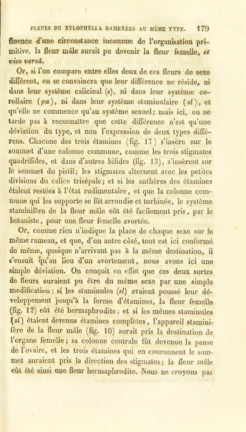 flaence d’une circonstance inconnue de l’organisation pri- mitive, la fleur mâle aurait pu devenir la fleur femelle, et vice versâ. Or, si l’on compare entre elles deux de ces fleurs de sexe différent, on se convaincra que leur différence ne réside, ni dans leur système calicinal (s), ni dans leur système co- rollaire ipa), ni dans leur système staminulaire {si), et qu’elle ne commence qu’au système sexuel ; mais ici, on ne tarde pas à reconnaître que cette différence n’est qu’une déviation du type, et non l’expression de deux types diffé- rens. Chacune des trois étamines (fig. 17) s’insère sur le sommet d’une colonne commune, comme les trois stigmates quadrifides, et dans d’autres bifides (fig. 13), s’insèrent sur le sommet du pistil; les stigmates alternent avec les petites divisions du calice trisépale; et si les anthères des étamines étaient restées à l’état rudimentaire, et que la colonne com- mune qui les supporte se fût arrondie et turbinée, le système staminifère de la fleur mâle eût été facilement pris, par le botaniste, pour une fleur femelle avortée. Or, comme rien n’indique la place de chaque sexe sur le même rameau, et que, d’un autre côté, tout est ici conformé de même, quoique n’arrivant pas à la même destination, il s’ensuit qu’au lieu d’un avortement, nous avons ici une simple déviation. On conçoit en effet que ces deux sortes de fleurs auraient pu être du même sexe par une simple modification : si les staminules {si) avaient poussé leur dé- veloppement jusqu’à la forme d’étamines, la fleur femelle (fig. 12) eût été hermaphrodite; et si les mêmes staminules {si) étaient devenus étamines complètes, l’appareil stamini- fère de la fleur mâle (fig. 10) aurait pris la destination de l’organe femelle ; sa colonne centrale fût devenue la panse de l’ovaire, et les trois étamines qui en couronnent le som- met auraient pris la direction des stigmates; la fleur mâle eut été ainsi une fleur hermaphrodite. Nous ne croyons pas