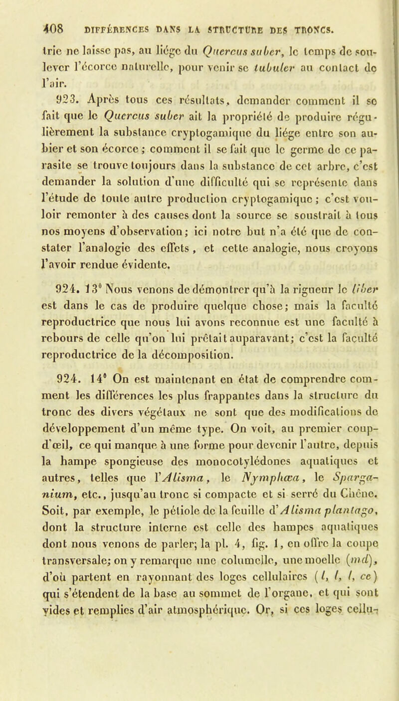 t rie ne laisse pas, au liège du Qnercus su ber, le temps de sou- lever l’ècorco naliirellc, pour venir se tabuler au contact de 11 • oir. 923. Apres tous ces résultats, demander comment il so fait que le Quercas suber ait la propriété de produire régu- lièrement la substance cryptogamiqne du liège entre son au- bier et son écorce ; comment il se fait que le germe de ce pa- rasite se trouve toujours dans la substance de cet arbre, c’est demander la solution d’une difficulté qui se représente dans l’étude de toute autre production cryptogamique ; c’est vou- loir remonter h des causes dont la source se soustrait à tous nos moyens d’observation; ici notre but n’a été que de con- stater l’analogie des effets , et cette analogie, nous croyons l’avoir rendue évidente. 924. 13® Nous venons de démontrer qu’h la rigueur le l/ber est dans le cas de produire quelque chose; mais la faculté reproductrice que nous lui avons reconnue est une faculté à rebours de celle qu’on lui prêtait auparavant; c’est la faculté reproductrice de la décomposition. 924. 14® On est maintenant en état de comprendre com- ment les différences les plus frappantes dans la structure du tronc des divers végétaux ne sont que des modifications de développement d’un même type. On voit, au premier coup- d’œil, ce qui manque à une forme pour devenir l’autre, depuis la hampe spongieuse des monocotylédones aquatiques et autres, telles que VÀlisma, le Njmphœa, le Spnrf;a- nium, etc., jusqu’au tronc si compacte et si serré du Chêne. Soit, par exemple, le pétiole do la feuille à' A Usina plantago, dont la structui’e Interne est celle des hampes aquatiques dont nous venons de parler; la pl. 4, fig. 1, on offre la coupe transversale; on y remarque une columelle, une moelle (md), d’où partent en rayonnant des loges cellulaires ( l, I, l, ce ) qui s’étendent de la base au sommet de l’organe, et qui sont yides et remplies d’air atmosphérique. Or, si ces loges ceilu-j