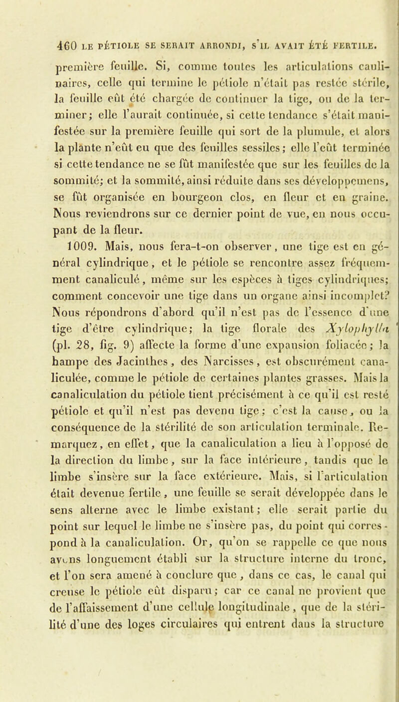 4G0 LE PÉTIOLE SE SERAIT ARRONDI, s’iL AVAIT ÉTÉ EERTILE. première feuille. Si, comme lonles les arliculalions cauli- naircs, celle qui termine le pétiole n’était pas restée stérile, la feuille eût été chargée de coutinuer la tige, ou de la ter- miner; elle l’aurait continuée, si cette tendance s’était mani- festée sur la première feuille qui sort de la plumule, et alors la plante n’eût eu que des feuilles sessiles ; elle l’eût terminée si cette tendance ne se fût manifestée que sur les feuilles de la sommité; et la sommité, ainsi réduite dans scs développcmens, se fût organisée en bourgeon clos, en fleur et en graine. Nous reviendrons sur ce dernier point de vue, en nous occu- pant de la fleur. 1009. Mais, nous fera-t-on observer, une tige est en gé- néral cylindrique, et le pétiole se rencontre assez fréquem- ment canaliculé, même sur les espèces à tiges cylindrit[ucs; comment concevoir une tige dans un organe ainsi incomjilct? Nous répondrons d’abord qu’il n’est pas de l’essence d'une tige d’être cylindrique; la tige florale des Xjlopliyl/n (pl. 28, fig. 9) affecte la forme d’une expansion foliacée ; la hampe des Jacinthes, des Narcisses, est obscurément cana- liculée, comme le pétiole de certaines plantes grasses. Mais la canaliculation du pétiole tient précisément à ce qu’il est resté pétiole et qu’il n’est pas devenu tige; c’est la cause, ou la conséquence de la stérilité de son articulation terminale. Re- marquez , en effet, que la canaliculation a lieu è l’opposé de la direction du limbe, sur la face intérieure, tandis que le limbe s’insère sur la face extérieure. Mais, si l’articulation était devenue fertile, une feuille se serait développée dans le sens alterne avec le limbe existant; elle serait partie du point sur lequel le limbe ne s’insère pas, du point qui corres - pond à la canaliculation. Or, qu’on se rappelle ce que nous avi-ns longuement établi sur la structure interne du tronc, et l’on sera amené h conclure que, dans ce cas, le canal qui creuse le pétiole eût disparu; car ce canal ne provient que de l’affaisscinent d’une cellulp longitudinale , que de la stéri- lité d’une des loges circulaires qui entrent dans la structure