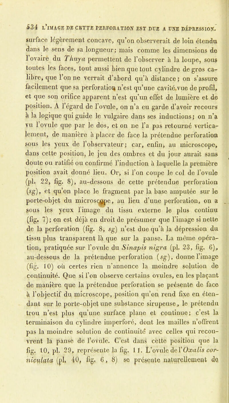 ■S34 l’image de cette perforation est due a une dépression. surface légèrement concave, qu’on observerait de loin étendu dans le sens de sa longueur; mais comme les dimensions de 1 ovairè du Thuya permettent de l’observer à la loupe, sous toutes les faces, tout aussi bien que tout cylindre de gros ca- libre, que l’on ne verrait d’abord qu’à distance ; on s’assure facilement que sa perforatioij n’est qu’une cavité..vue de profil, et que son orifice apparent n’est qu’un effet de lumière et de position. A l’égard de l’ovule, on n’a eu garde d’avoir recours à la logique qui guide le vulgaire dans ses inductions ; on n’a vu l’ovule que par le dos, et on ne l’a pas retourné vertica- lement, de manière à placer de face la prétendue perforation sous les yeux de l’observateur; car, enfin, au microscope, dans cette position, le jeu des ombres et du jour aurait sans doute ou ratifié ou confirmé l’induction à laquelle la première position avait donné lieu. Or, si l’on coupe le col de l’ovule (pl. 22, fig. 8), au-dessous de cette prétendue perforation (sg), et qu’on place le fragment par la base amputée sur le porte-objet du microscj^e, au lieu d’une perforation, on a sous les yeux l’image du tissu externe le plus continu (fig. 7); on est déjà en droit de présumer que l’image si nette de la perforation (fig. 8, sg) n’est due qu’à la dépression du tissu plus transparent là que sur la panse. La même opéra- tion, pratiquée sur l’ovule du Sinapis nigra (pl. 23, fig. 6), au-dessous de la prétendue perforation {sg), donne l’image (fig. 10) où certes rien n’annonce la moindre solution de continuité. Que si l’on observe certains ovules, en les plaçant de manière que la prétendue perforation se présente de face à l’objectif du microscope, position qu’on rend fixe en éten- dant sur le porte-objet une substance sirupeuse, le prétendu trou n’est plus qu’une surface plane et continue; c’est la terminaison du cylindre imperforé, dont les mailles n’offrent pas la moindre solution de continuité avec celles qui recou- vrent la pansé de l’ovule. C’est dans cètte position que la fig. tO, pl. 29, représente la fig. fl. L’ovule de l’Oæafi’^ cur- niculata ((fi* 40, fig, 6,8) se présente naturellement do