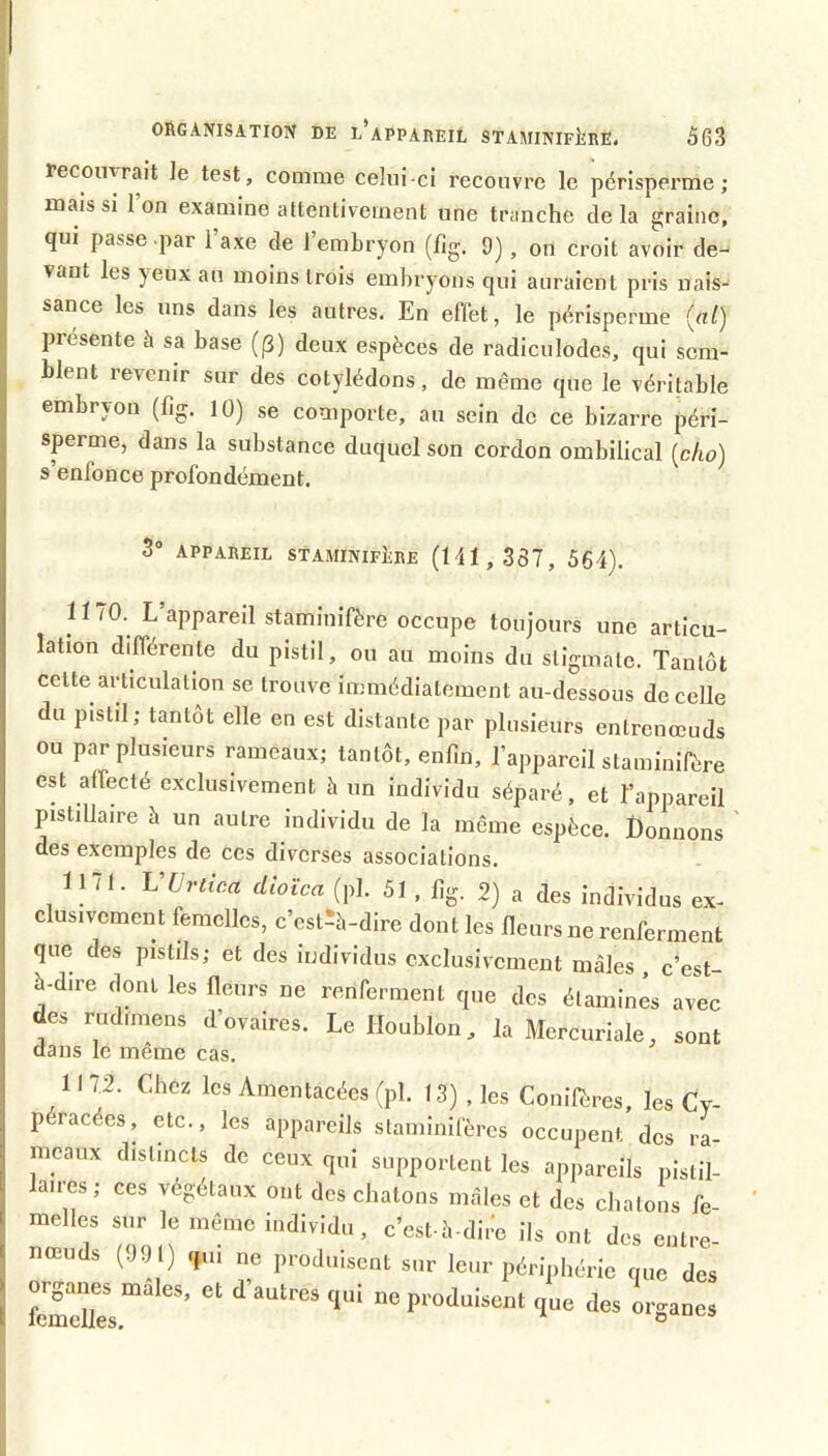 Tecomrait le test, cooime celui-ci recouvre le périsperme ; mais si Ion examine attenliveinent une tranche delà graine, qui passe par 1 axe de 1 embryon (lig. 9), on croit avoir de- vant les yeux au moins trois embryons qui auraient pris nais- ^ sance les uns dans les autres. En effet, le pdrisperme (rt/) I présente à sa base (p) deux espèces de radiculodes, qui sem- blent revenir sur des cotylédons, de même que le véritable embryon (fig. 10) se comporte, au sein de ce bizarre péri- sperme, dans la substance duquel son cordon ombilical (c/to) s’enfonce profondément. 3“ APPAREIL STAMINIFÎiEE (141 , 357, 564). 1170. L’appareil stamiuifère occupe toujours une articu- lation différente du pistil, ou au moins du stigmate. Tantôt cette articulation se trouve immédiatement au-dessous de celle du pistil; tantôt elle en est distante par plusieurs entrenœuds ou par plusieurs rameaux; tantôt, enfin, l’appareil stamiuifère est affecté exclusivement à un individu séparé, et l’appareil pistillaire à un autre individu de la même espèce. Donnons des exemples de ces diverses associations. 1171. VVrtica dioïca (pl. 51 , fig. 2) a des individus ex- clusivement femelles, c’est^à-dire dont les fleurs ne renferment que des pistils; et des individus exclusivement mâles , c’est- à-dire dont les fleurs ne renferment que des étamines avec des rudimens d’ovaires. Le Houblon, la Mercuriale, sont dans le même cas. 1172. Chez les Amentacées (pl. 13) , les Conifères, les Cv- péracées, etc., les appareils slaminifères occupent des ra- ineaiix dislincls de ceux qui sii|>porlenl les appareils pistil- laires; ces végétaux eut des chatons mâles et des chatons fe- melies sur le .nême individu, cest h-dire ils ont des entre- nœuds {J91) q,„ ne produisent sur leur périphérie que des \ feTeUes.“ ‘‘ Je» organes