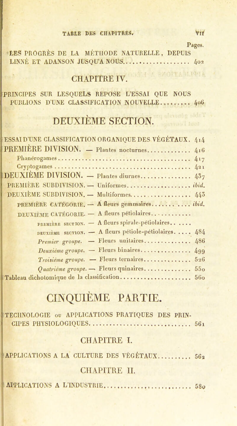 Pages. LES PROGRÈS DE LA MÉTHODE NATURELLE, DEPUIS LINNÉ ET ADANSON JUSQU’A NOUS 4oa CHAPITRE IV. PRINCIPES SUR LESQUELS REPOSE L’ESSAI QUE NOUS PUBLIONS D’UNE CLASSIFICATION NOUVELLE 4<>6 DEUXIÈME SECTION. ESSAI D’UNE CLASSIFICATION ORGANIQUE DES VÉGÉTAUX. 4i4 PREMIERE DIVISION. — Plantes nocturnes 4*6 Phanérogames 4*7 Cryptogames 421 DEUXIÈME DIVISION. — Plantes diurnes 4^7 PREMIÈRE SUBDIVISION. — Uniformes ibid. DEUXIÈME SUBDIVISION. — Multiformes 443 PREMIÈRE CATÉGORIE. — A fleurs gemmaires ibid. DEUXIÈME CATÉGORIE. — A fleurs pétiolaires memièhe section. — A fleurs spirale-pétiolaires deuxième section. — A fleurs pctiole-pétiolaircs 4^4 Premier groupe. — Fleurs unitaires 486 Deuxième groupe. — Fleurs binaires 499 Troisième groupe. — Fleurs ternaires 5a6 Quatrième groupe.—■ Fleurs quinaires. ... 55o Tableau dichotomique de la classification 56o CINQUIÈME PARTIE. TECHNOLOGIE ou APPLICATIONS PRATIQUES DES PRIN- CIPES PHYSIOLOGIQUES 561 CHAPITRE I. APPLICATIONS A LA CULTURE DES VÉGÉTAUX 56a CHAPITRE II. APPLICATIONS A L’INDUSTRIE 58o