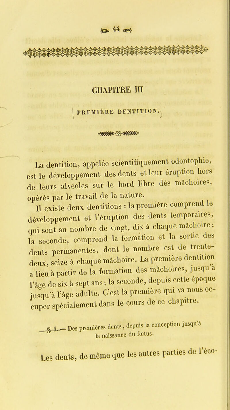 CHAPITRE III PREMIÈRE DENTITION. La dentition, appelée scientifiquement odontopliie, est le développement des dents et leur éruption liors de leurs alvéoles sur le bord libre des mâchoires, opérés par le travail de la nature. Il existe deux dentitions : la première comprend le développement et l'éruption des dents temporaires, qui sont au nombre de vingt, dix à chaque mâchoire; la seconde, comprend la formation et la sortie des dents permanentes, dont le nombre est de trente- deux, seize à chaque mâchoire. La première dentition a lieu à partir de la formation des mâchoires, jusqu a l'âge de six k sept ans ; la seconde, depuis cette époque iusqu'à l'âge adulte. C'est la première qui va nous oc- cuper spécialement dans le cours de ce chapitre. _S L^Des premières dents, depuis la conception jusqu'à la naissance du fœtus. Les dents, de même que les autres parties de l'éco-