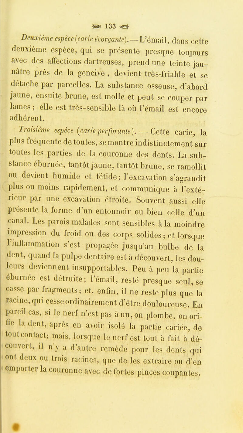 Deuxième espèce {carie écorçante).—Vémi\\\, dans cette deuxième espèce, qui se présente presque toujours avec des affections dartreuses, prend une teinte jau- nâtre près de la gencive , devient très-friable et se détache par parcelles. La substance osseuse, d'abord jaune, ensuite brune, est molle et peut se couper par lames ; elle est très-sensible là où l'émail est encore adhérent. Troisième espèce (carieperforante).—Cette carie, la plus fréquente de toutes, se montre indistinctement sur toutes les parties de la couronne des dents. La sub- stance éburnée, tantôt jaune, tantôt brune, se ramollit ou devient humide et fétide; l'excavation s'agrandit plus ou moins rapidement, et communique à l'exté- rieur par une excavation étroite. Souvent aussi elle présente la forme d'un entonnoir ou bien celle d'un canal. Les parois malades sont sensibles à la moindre impression du froid ou des corps solides; et lorsque l'inflammation s'est propagée jusqu'au bulbe de la dent, quand la pulpe dentaire est à découvert, les dou- leurs deviennent insupportables. Peu à peu la partie éburnée est détruite; l'émail, resté presque seul, se casse par fragments; et, enfin, il ne reste plus que la racine, qui cesse ordinairement d'être douloureuse. En pareil cas, si le nerf n'est pas à nu, on plombe, on ori- fic la dent, après en avoir isolé la partie cariée, de toutconlact; mais, lorsque le nerf est tout à fait à dé- couvert, il n'y a d'autre remède pour les dents qui ont deux ou trois racincfi, que de les extraire ou d'en emporter la couronne avec de fortes pinces coupantes.