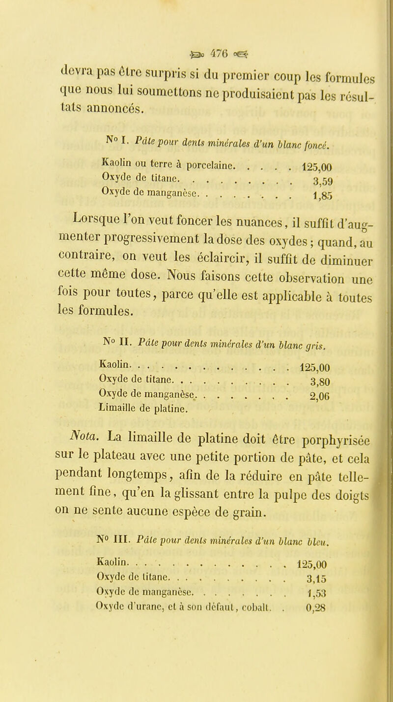 devra pas ôtrc surpris si du premier coup les formules que nous lui soumettons ne produisaient pas les résul- tats annoncés. No I. Pâle pour dcnls minérales d'un blanc foncé. Kaolin ou terre à porcelaine 125,00 Oxyde de titane 3'59 Oxyde de manganèse. ....... 135 Lorsque l'on veut foncer les nuances, il suffît d'aug- menter progressivement la dose des oxydes ; quand, au contraire, on veut les éclaircir, il suffit de diminuer cette même dose. Nous faisons cette observation une fois pour toutes, parce qu'elle est applicable à toutes les formules. No II. Pâle pour dénis minérales d'un blanc gris. ï^aolin 125,00 Oxyde de titane 3^80 Oxyde de manganèse 2,06 Limaille de platine. Nota. La limaille de platine doit être porphyrisée sur le plateau avec une petite portion de pâte, et cela pendant longtemps, afin de la réduire en pâte telle- ment fine, qu'en la glissant entre la pulpe des doigts on ne sente aucune espèce de grain. N» III. Pâle pour dénis minérales d'un blanc bleu. Kaolin 125,00 Oxyde de titane 3^5 Oxyde de manganèse 1^53 Oxyde d'uranc, et à son défaut, cobalt, . 0,28