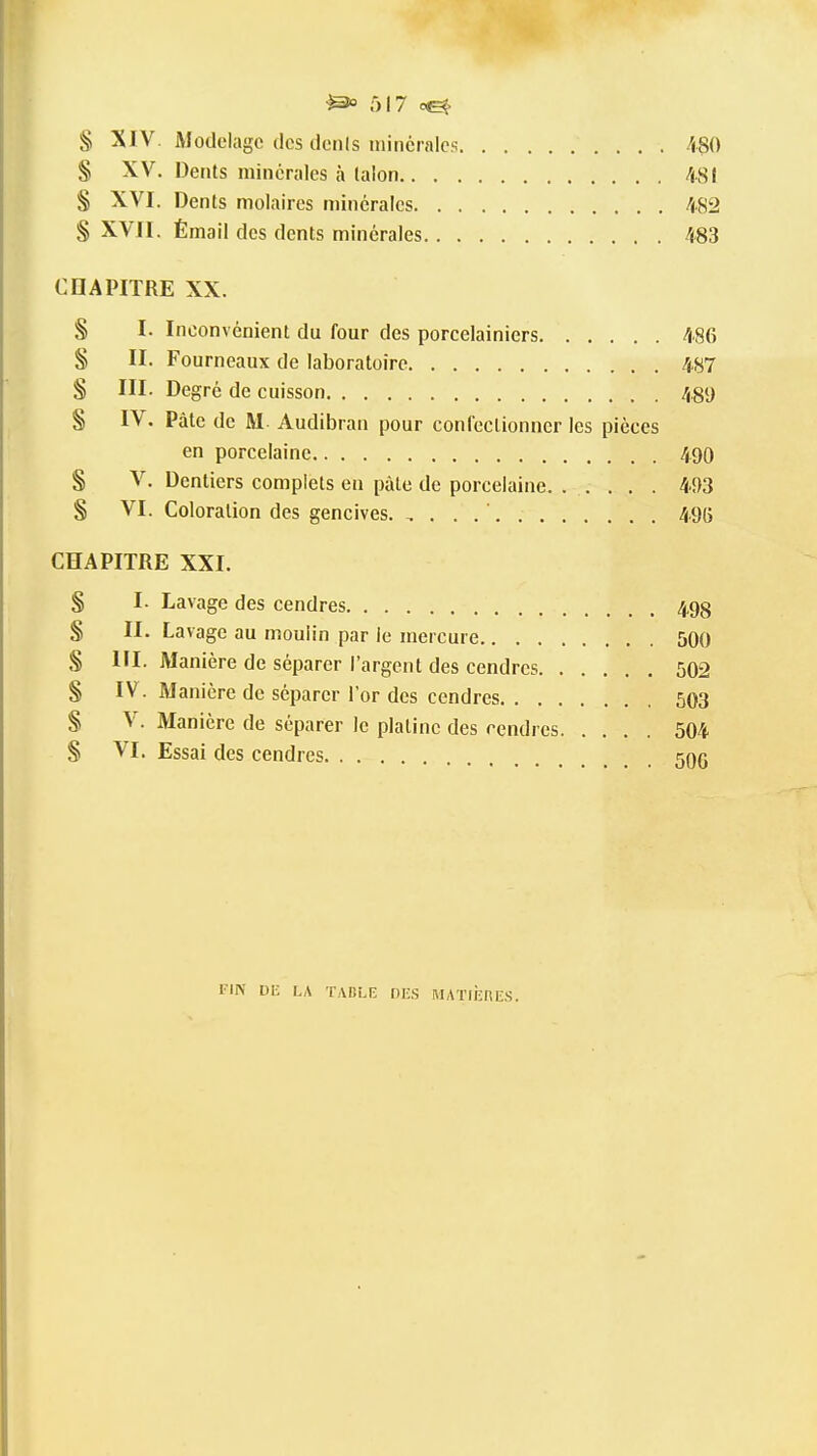 § XIV. Modelage des dcnis minérales 480 § XV. Dents minérales à laion 48 § XVI. Dents molaires minérales 482 § XVII. Émail des dents minérales 483 CnAPIÏRE XX. § I. Inconvénient du four des porcelainiers 486 § II. Fourneaux de laboratoire 487 § m. Degré de cuisson 489 § IV. Pâte de M Audibran pour confectionner les pièces en porcelaine 490 § V. Dentiers complets en pâle de porcelaine. ..... 403 § VI. Coloration des gencives. , , . . ' 496 CHAPITRE XXI. § I. Lavage des cendres 498 S II. Lavage au moulin par le mercure 500 S m. Manière de séparer l'argent des cendres 502 § IV. Manière de séparer l'or des cendres 503 § V. Manière de séparer le platine des cendres 504 § VI. Essai des cendres 506 FIK DE LA 'TAULE DES AIAïli-nES.