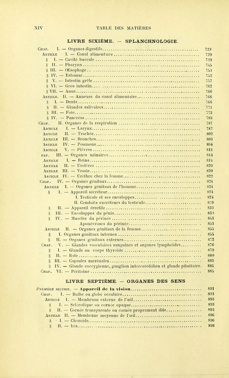 LIVRE SIXIÈME. — SPLANCHNOLOGIE. •Chap. I. — Organes digestifs 729 AuTiCLE I. — Canal alimentaire 729 § I. — Cavité buccale 729 § II. — Pharynx 745 § m. — OEsophage 751 § IV. — Estomac 752 § V. — Intestin grêle 757 § VI. — Gros intestin 762 § VII. — Anus 766 AiiTicLE. II. — Annexes du canal alimentaire 766 g I. — Dents... 7G6 § II. — Glandes salivaires 771 § III. — Foie 773 § IV. — Pancréas 783 'Chap. II. Organes de la respiration 787 Article I. — Larynx 787 Article IL — Trachée 802 Article III. — Bronches 803 Article IV. — Poumons 804 Article V. — Plèvres 81.1 1IAP. III. — Organes urinaires » 814 Article I. — Reins 814 Article IL — Uretères 820 Article III. — Vessie 820 Article IV. — Urèthre chez la femme 822 'Chap. IV. — Organes génitaux 824 Article I. — Organes génitaux de l'homme 824 § I. — Appareil sécréteur 824 I. Testicule et ses enveloppes 824 IL Conduits excréteurs du testicule 8'J9 § II. — Appareil érectile 833 § III. — Enveloppes du pénis 83') § IV. — .Muscles du périnée 843 Aponévroses du périnée 853 Article IL — Organes génitaux de la femme 855 § I. Organes génitaux internes 855 § IL — Organes génitaux externes 872 Chap. V. — Glandes vasculaires sanguines et organes lymphoïdes 876 g I. — Glande ou corps thyroïde 879 § II. — Rate 880 § III. — Capsules surrénales 883 § IV. — Glande coccygienne, ganglion intercarotidien et glande pituitaire. 885 Chap. VI. — Péritoine 885 LIVRE SEPTIÈME. — ORGANES DES SENS l^iiEMiÈiîE SECTION. — Appareil de la vision 891 Chap. I. — Bulbe ou globe occulaire 891 Article I. — Membrane externe de l'œil 893 g I. — Sclérotique ou cornée opaque 893 g IL — Cornée transparente ou cornée proprement dite 893 Article IL — Membrane moyenne de l'œil 896 § • 1. — Choroïde 896 § II. — Iris 898