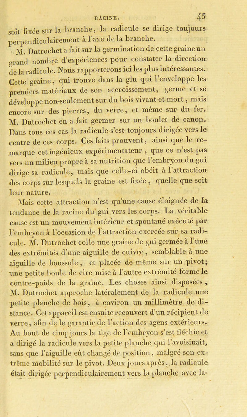 soit fixée sur la branche, la radicule se dirige toujours perpendiculairement a 1 axe de la brandie. M. Dutrocliet a fait sur la germination de cette graine un orand nombre d’expériences pour constater la direction de la radicule. Nous rapporterons ici les plus intéressantes. Cette graine, cpii trouve dans la glu qui 1 enveloppe les premiers matériaux de son accroissement, germe et se développe non-seulement sur du bois vivant et mort, mais encore sur des pierres, du verre, et même sur du fer. M. Dutrocliet en a fait germer sur un boulet de canon. Dans tous ces cas la radicule s’est toujours dirigée vers le centre de ces corps. Ces faits prouvent, ainsi que le re- marque cet ingénieux expérimentateur , que ce 11’est pas vers un milieu propre a sa nutrition que 1 embryon du gui dirige sa radicule, mais que celle-ci obéit à l’attraction des corps sur lesquels la graine est fixee , quelle que soit leur nature. Mais cette attraction n’est qu’une cause éloignée de la tendance de la racine du gui vers les corps. La véritable cause est un mouvement intérieur et spontané exécuté par l’embryon à l’occasion de l’attraction excrcee sur sa radi- cule. M. Dutrocliet colle une graine de gui germée à l’une des extrémités d’une aiguille de cuivre, semblable à une aiguille de boussole , et placée de même sur un pivot; xuie petite boule de cire mise à l’autre extrémité forme le. contre-poids de la graine. Les choses ainsi disposées y M. Dutrocliet approche latéralement de la radicule une petite planche de bois, à environ un millimètre de di- stance. Cet appareil est ensuite recouvert d’un récipient de verre, afin de le garantir de l’action des agens extérieurs. Au bout de cinq jours la tige de l’embryon s’est fléchie et a dirigé la radicule vers la petite planche qui l’avoisinait, sans que l’aiguille eût changé de position, malgré son ex- trême mobilité sur le pivot. Deux jours après, la radicule était dirigée perpendiculairement y ers la planche avec la-