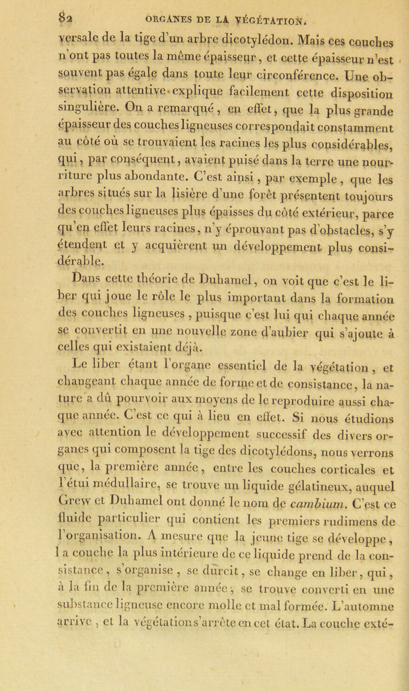 vcrsale de la tige d’un arbre dicotylédon. Mais ces couches n’ont pas toutes la même épaisseur, et cette épaisseur n’est souvent pas égale dans toute leur circonférence. Une ob- servation attentive-explique facilement cette disposition singulière. On a remarqué, en effet, que la plus grande épaisseur des couches ligneuses correspondait constamment au côté où se trouvaient les racines les plus considérables, cl^ ? Par conséquent, avaient puise dans la terre une nour* riture plus abondante. C’est ainsi, par exemple , que les arbres situés sur la lisière d’une forêt présentent toujours des couches ligneuses plus épaisses du côté extérieur, parce qu’en effet leurs racines, n’y éprouvant pas d’obstacles, s’y étendent et y acquièrent un développement plus consi- dérable. Dans cette théorie de Duhamel, on voit que c’est le li- ber qui joue le rôle le plus important dans la formation des couches ligneuses , puisque c est lui qui chaque année se convertit en une nouvelle zone d’aubier qui s’ajoute à celles qui existaient déjà. Le liber étant l’organe essentiel de la végétation, et changeant chaque annee de forme et de consistance, la na- ture a du pourvoir aux moyens de le reproduire aussi cha- que annee. C est ce qui a lieu en effet. Si nous étudions avec attention le développement successif des divers or- ganes qui composent la tige des dicotylédons, nous verrons que, la première année, entre les couches corticales et 1 elui médullaire, se trouve un liquide gélatineux, auquel Grew et Duhamel ont donne le nom de cambium. C est ce fluide particulier qui contient les premiers rudimens de 1 organisation. A mesure que la jeune tige se développe, 1 a couche la plus intérieure de ce liquide prend de la con- sistance , s’organise , se durcit, se change en liber, qui, a la fin de la première année-, se trouve converti en une substance ligneuse encore molle et mal formée. L’automne arrive , et la végétations’arrêteencet état. La couche exté-