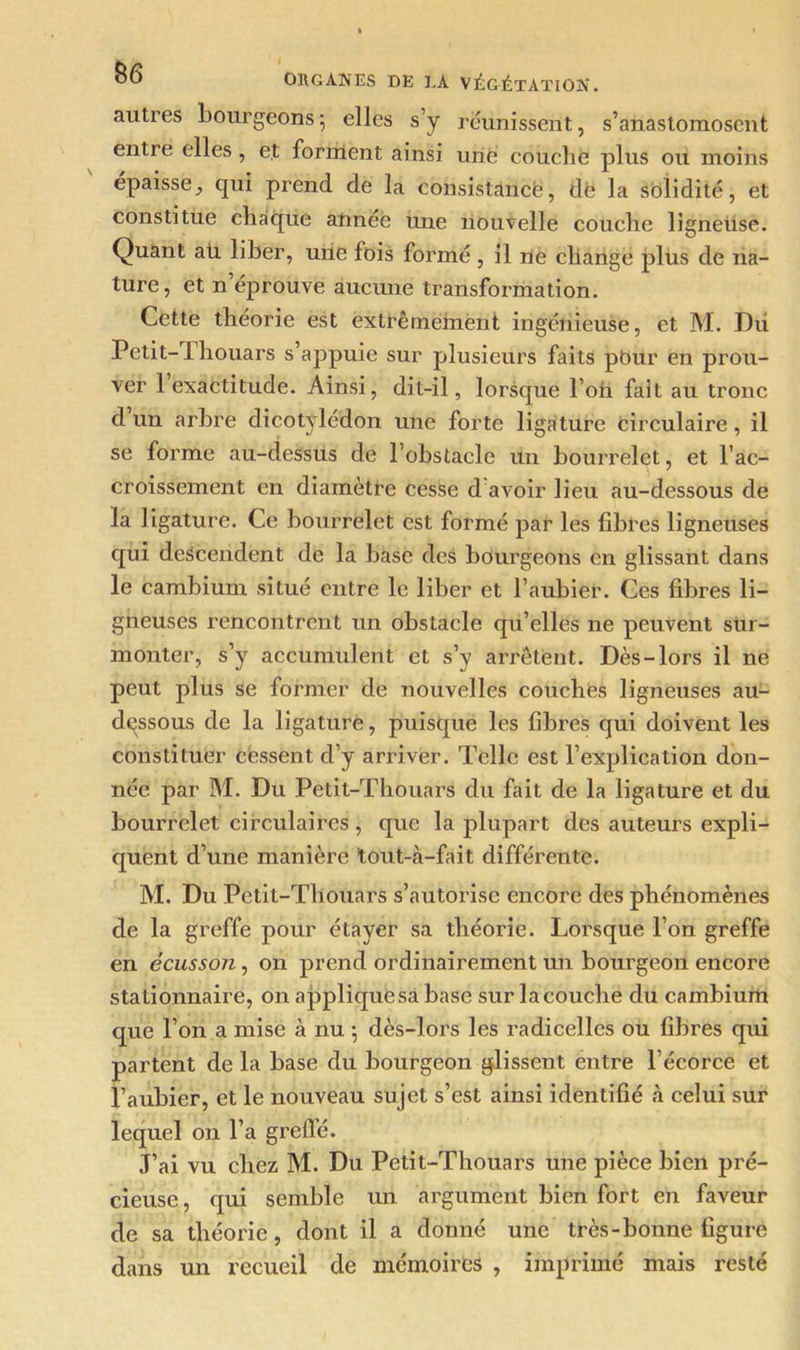 autres bourgeons-, elles s’y réunissent, s’anastomosent entre elles , et forment ainsi une couche plus ou moins épaisse, qui prend de la consistance, de la solidité, et constitue chaque anneé une nouvelle couche lignetlse. Quant aü. liber, une fois formé , il ne change plus de na- ture, et n’éprouve aucune transformation. Cette théorie est extrêmement ingénieuse, et M. Du Petit-1 houars s’appuie sur plusieurs faits pour en prou- ver 1 exactitude. Ainsi, dit-il, lorsque l’on fait au tronc cl un arbre dicotyledon une forte ligature circulaire, il se forme au-dessus de l’obstacle un bourrelet, et l’ac- croissement en diamètre cesse d avoir lieu au-dessous de la ligature. Ce bourrelet est formé par les fibres ligneuses qui descendent de la base des bourgeons en glissant dans le cambium situé entre le liber et l’aubier. Ces fibres li- gneuses rencontrent un obstacle qu’elles ne peuvent sur- monter, s’y accumulent et s’y arrêtent. Dès-lors il ne peut plus se former de nouvelles couches ligneuses au- dqssous de la ligature, puisque les fibres qui doivent les constituer cessent d’y arriver. Telle est l’explication don- née par M. Du Petit-Thouars du fait de la ligature et du bourrelet circulaires , que la plupart des auteurs expli- quent d’une manière tout-à-fait différente. M. Du Petit-Thouars s’autorise encore des phénomènes de la greffe pour étayer sa théorie. Lorsque l’on greffe en écusson, on prend ordinairement un bourgeon encore stationnaire, on applique sa base sur la couche du cambium que l’on a mise à nu ; dès-lors les radicelles ou fibres qui partent de la base du bourgeon glissent entre l’écorce et l’aubier, et le nouveau sujet s’est ainsi identifié à celui sur lequel on l’a grellé. J’ai vu chez M. Du Petit-Thouars une pièce bien pré- cieuse , qui semble un argument bien fort en faveur de sa théorie, dont il a donné une très-bonne figure dans un recueil de mémoires , imprimé mais resté