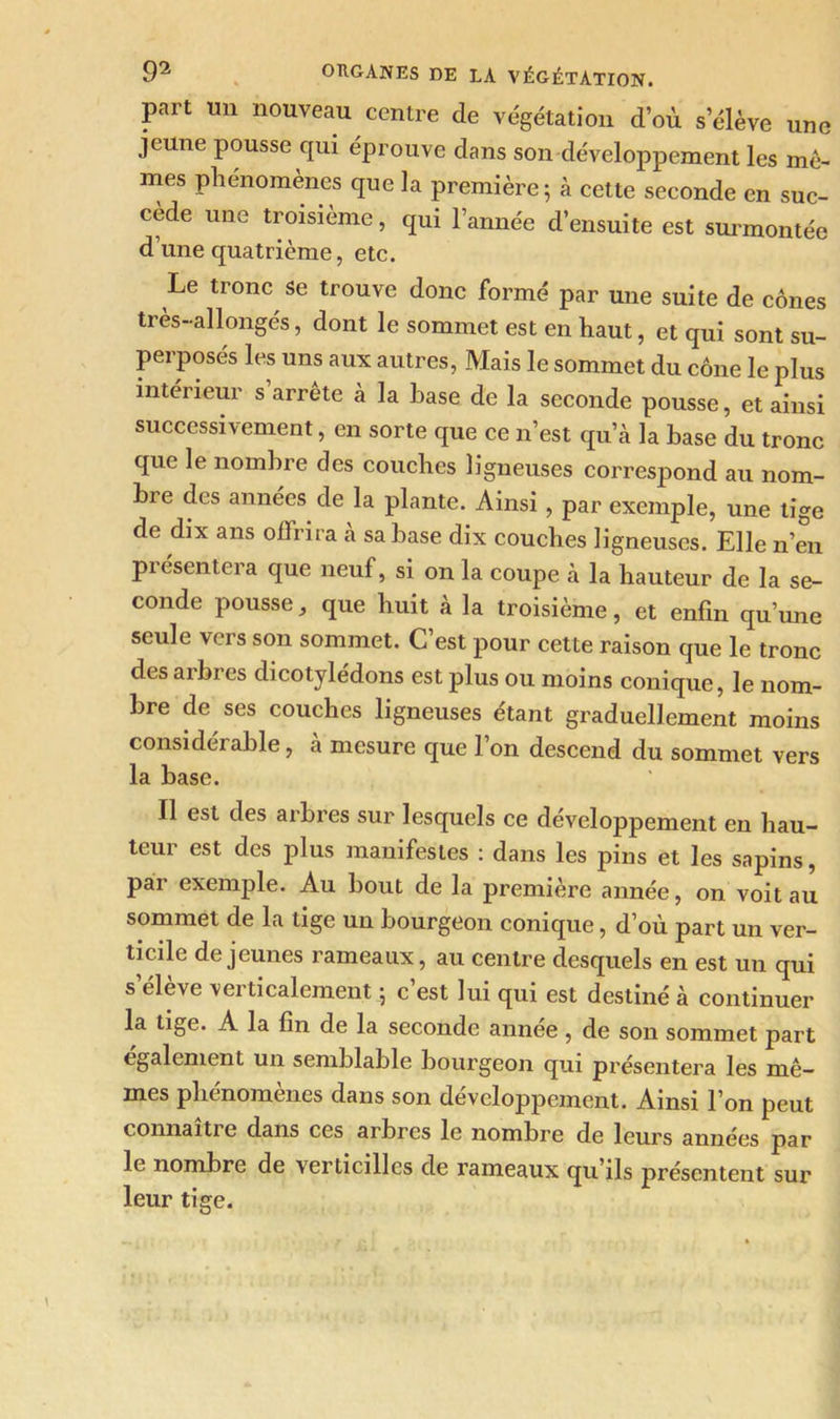 part un nouveau centre de végétation d’où s’élève une jeune pousse qui éprouve dans son développement les mê- mes phénomènes que la première; à cette seconde en suc- cède une troisième, qui l’année d’ensuite est surmontée d’une quatrième, etc. Le tronc se trouve donc formé par une suite de cônes très-allongés, dont le sommet est en haut, et qui sont su- perposés les uns aux autres, Mais le sommet du cône le plus intérieur s arrête à la base de la seconde pousse, et ainsi successivement, en sorte que ce n’est qu’à la base du tronc que le nombre des couches ligneuses corresjiond au nom- bre des années de la plante. Ainsi , par exemple, une tige de dix ans offrira à sa base dix couches ligneuses. Elle n’en présentera que neuf, si on la coupe à la hauteur de la se- conde pousse, que huit à la troisième, et enfin qu’une seule vers son sommet. C’est pour cette raison que le tronc des ai lues dicotyledons est plus ou moins conique, le nom- bre de ses couches ligneuses étant graduellement moins considérable, à mesure que l’on descend du sommet vers la base. Il est des arbres sur lesquels ce développement en hau- teur est des plus manifestes : dans les pins et les sapins, par exemple. Au bout de la première année, on voit au sommet de la tige un bourgeon conique, d’où part un ver- ticile de jeunes rameaux, au centre desquels en est un qui s’élève verticalement ; c’est lui qui est destiné à continuer la tige. A la fin de la seconde annee , de son sommet part également un semblable bourgeon qui présentera les mê- mes phénomènes dans son développement. Ainsi l’on peut connaître dans ces arbres le nombre de leurs années par le nombre de verticilles de rameaux qu’ils présentent sur leur tige.