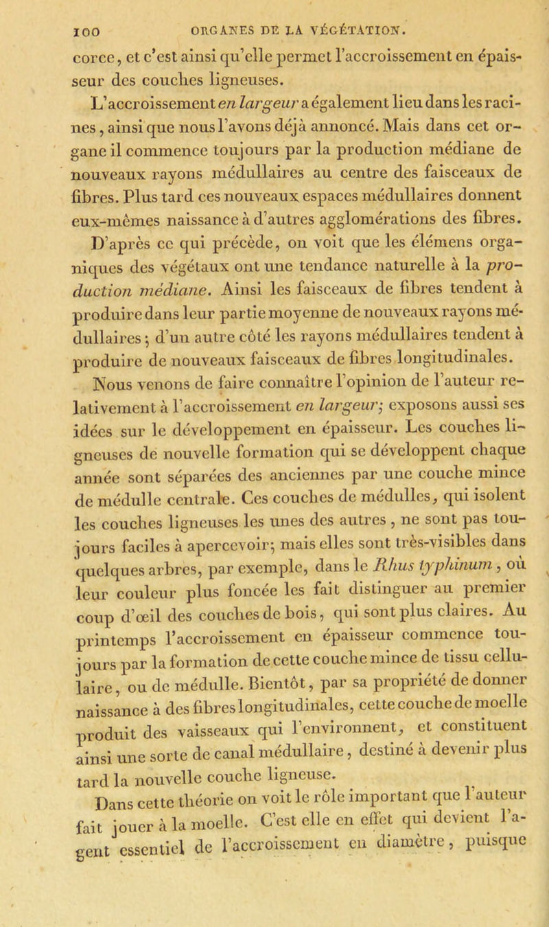 corce, et c’est ainsi qu’elle permet l’accroissement en Épais- seur des couclies ligneuses. L’accroissement en largeur a également lieu dans les raci- nes , ainsi que nous l’avons déjà annoncé. Mais dans cet or- gane il commence toujours par la production médiane de nouveaux rayons médullaires au centre des faisceaux de fibres. Plus tard ces nouveaux espaces médullaires donnent eux-mêmes naissance à d’autres agglomérations des fibres. D’après ce qui précède, on voit que les élémens orga- niques des végétaux ont une tendance naturelle à la pro- duction médiane. Ainsi les faisceaux de fibres tendent à produire dans leur partie moy enue de nouveaux rayons mé- dullaires -, d’un autre côté les rayons médullaires tendent à produire de nouveaux faisceaux de fibres longitudinales. Nous venons de faire connaître l’opinion de l’auteur re- lativement à l’accroissement en largeur; exposons aussi ses idées sur le développement en épaisseur. Les couclies li- gneuses de nouvelle formation qui se développent chaque année sont séparées des anciennes par une couche mince de médulle centrale. Ces couches de medulles, qui isolent les couches ligneuses les unes des autres , ne sont pas tou- jours faciles a apercevoir^ mais elles sont lies-Msibles dans quelcpies arbres, par exemple, dans le Rhus lyphinum, ou leur couleur plus foncée les fait distinguer au premier coup d’oeil des couches de bois, qui sont plus claires. Au printemps l’accroissement en épaisseur commence tou- jours par la formation de cette couche mince de tissu cellu- laire , ou de médulle. Bientôt, par sa propriété de donner naissance à des fibres longitudinale^, cette couche de moelle produit des vaisseaux qui l’environnent, et constituent ainsi une sorte de canal médullaire, destiné à devenir plus tard la nouvelle couche ligueuse. n„11s Cptte théorie on voit le rôle important que l’auteur fait jouer à 1» moelle. C'est elle en effet qui devient l’a- gent essentiel de l’accroissement en diamètre, puisque