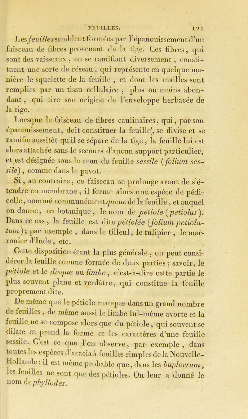 hcsjeuilfes semblent formées par l’épanouissement d’un faisceau de fibres provenant de la tige. Ces fibres, qui sont des vaisseaux , en se ramifiant diversement ^ consti- tuent une sorte de réseau , qui représente en quelque ma- nière le squelette de la feuille , et dont les mailles sont remplies par un tissu cellulaire , plus ou moins abon- dant , qui tire son origine de l’enveloppe herbacée de la tige. Lorsque le faisceau de fibres caulinaires, qui, par son épanouissement, doit constituer la feuille^, se divise et se ramifie aussitôt qu’il se sépare de la tige , la feuille lui est alors attachée sans le secours d’aucun support particulier, et est désignée sous le nom de feuille sessile ( folium ses- sile) , comme dans le pavot. Si , au contraire, ce faisceau se prolonge avant de s’é- tendre en membrane , il forme alors une espèce de pédi- celle, nommé communément queue de la feuille , et auquel on donne, en botanique , le nom de pétiole (petiolusj. Dans ce cas , la feuille est dite pétiolée (folium petiola- tum')-, par exemple , dans le tilleul, le tulipier , lemar- ronier d’Inde, etc. Cette disposition étant la plus générale, on peut consi- dérer la feuille comme formée de deux parties $ savoir, le pétiole et le disque ou limbe, c’est-à-dire cette partie le plus souvent plane et verdâtre, qui constitue la feuille proprement dite. De même que le petiole manque dans un grand nombre de feuilles , de meme aussi le limbe lui-même avorte et la feuille ne se compose alors que du pétiole, qui souvent se dilate et prend la forme et les caractères d’une feuille sessile. C est ce que l’on observe, par exemple, dans toutes les espèces d acacia à feuilles simples de la Nouvelle- Ilollandc ; il est même probable que, dans les buplevrum 3 les feuilles ne sont que des pétioles. O11 leur a donné le nom de phylIodes.