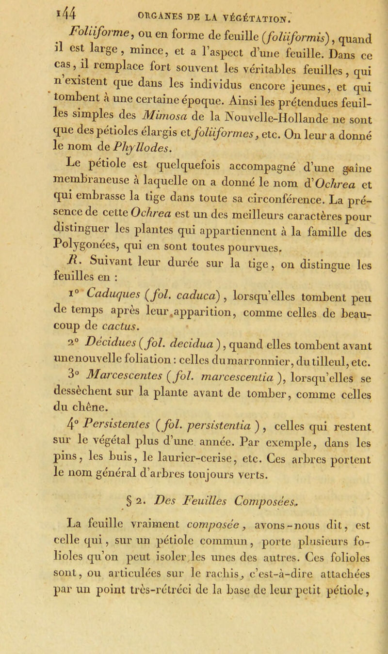 FoUiforme, ou en forme de feuille (foliiformis), quand il est large, mince, et a l’aspect d’une feuille. Dans ce cas, il remplace fort souvent les véritables feuilles, qui n existent que dans les individus encore jeunes, et qui tombent à une certaine époque. Ainsi les prétendues feuil- les simples des Mimosa de la Nouvelle-Hollande ne sont que des pétioles élargis et foliiformes, etc. On leur a domié le nom de Phyllodes. Le pétiole est quelquefois accompagné d’une gaine membraneuse à laquelle on a donné le nom à'Ochrea et qui embrasse la tige dans toute sa circonférence. La pré- sence de cette Ochrea est un des meilleurs caractères pour distinguer les plantes qui appartiennent à la famille des Polygonées, qui en sont toutes pourvues. 11. Suivant leur durée sur la tige, on distingue les feuilles en : i° Caduques (fol. caduca) , lorsqu’elles tombent peu de temps après leur,apparition, comme celles de beau- coup de cactus. 2° Decidues ( fol. decidua ), quand elles tombent avant unenouvelle loliation : celles du marronnier, du tilleul, etc. 3° Marcescentes (fol. marcescentia ), lorsqu’elles se dessèchent sur la plante avant de tomber, comme celles du chêne. 4° Peî'sistenles ( fol. persistentia ) , celles qui restent sur le végétal plus dune année. Par exemple, dans les pins, les buis, le laurier-cerise, etc. Ces arbres portent le nom général d’arbres toujours verts. § 2. Des Feuilles Composées,. La feuille vraiment composée, avons-nous dit, est celle qui, sur un pétiole commun, porte plusieurs fo- lioles qu’on peut isoler les unes des autres. Ces folioles sont, ou articulées sur le rachis., c’est-à-dire attachées par un point très-rétréci de la base de leur petit pétiole,