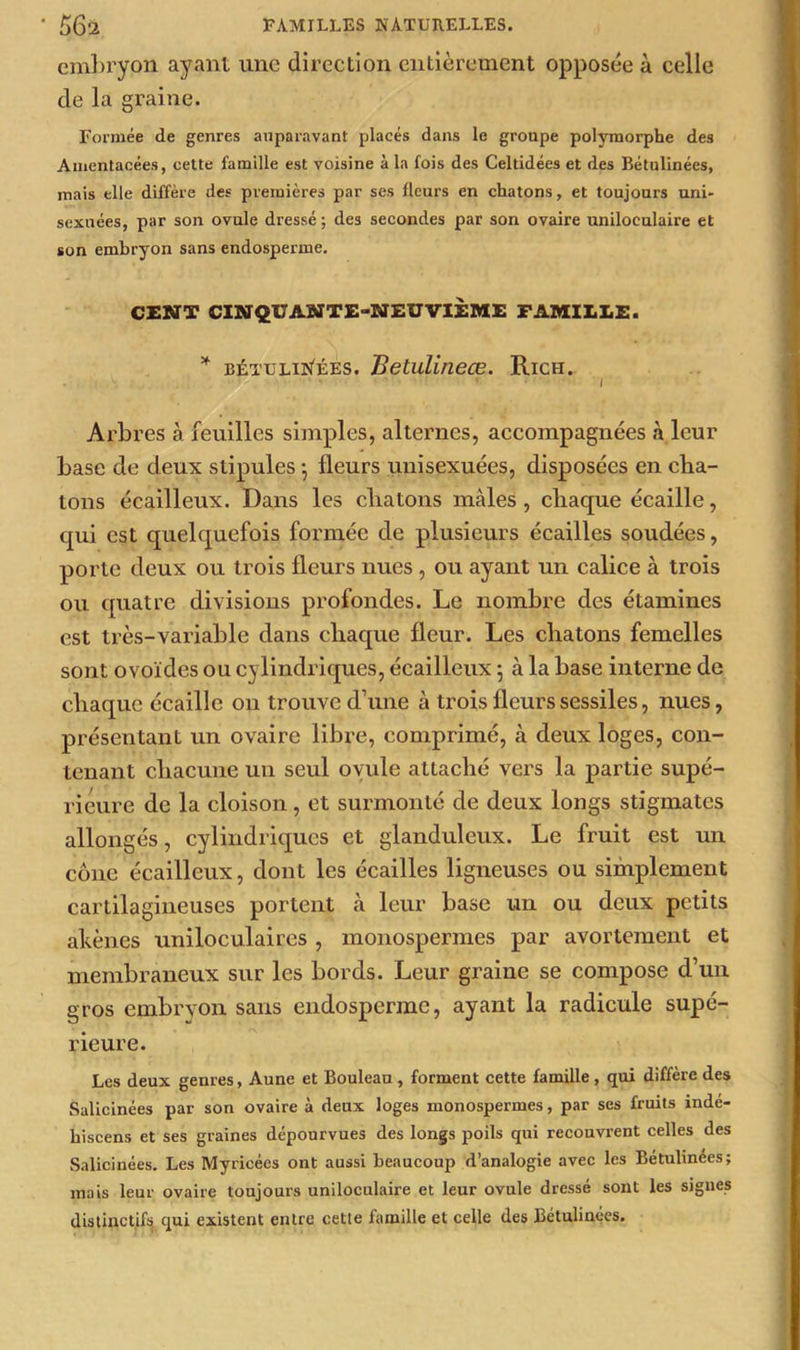 embryon ayant une direction entièrement opposée à celle de la graine. Formée de genres auparavant placés dans le groupe polymorphe des Amentacées, cette famille est voisine à la fois des Celtidées et des Bétnlinées, mais elle diffère des premières par ses fleurs en chatons, et toujours uni- sexuées, par son ovule dressé; des secondes par son ovaire uniloculaire et son embryon sans endosperme. CENT CINQUANTE-NEUVIÈME FAMILLE. * bétulin'ées. Betulineæ. Rich. I Arbres à feuilles simples, alternes, accompagnées à leur base de deux stipules -, fleurs uuisexuées, disposées en cha- tons écailleux. Dans les chatons mâles, chaque écaille, qui est quelquefois formée de plusieurs écailles soudées, porte deux ou trois fleurs nues , ou ayant un calice à trois ou quatre divisions profondes. Le nombre des étamines est très-variable dans chaque fleur. Les chatons femelles sont ovoïdes ou cylindriques, écailleux ; à la base interne de chaque écaille on trouve d’une à trois fleurs sessiles, nues, présentant un ovaire libre, comprimé, à deux loges, con- tenant chacune un seul ovule attaché vers la partie supé- rieure de la cloison, et surmonté de deux longs stigmates allongés, cylindriques et glanduleux. Le fruit est un cône écailleux, dont les écailles ligneuses ou simplement cartilagineuses portent à leur base un ou deux petits akènes uniloculaires , monospermes par avortement et membraneux sur les bords. Leur graine se compose d’un gros embryon sans endosperme, ayant la radicule supé- rieure. Les deux genres, Aune et Bouleau , forment cette famille, qui diffère des Salicinées par son ovaire à deux loges monospermes, par ses fruits inde- hiscens et ses graines dépourvues des longs poils qui recouvrent celles des Salicinées. Les Myricées ont aussi beaucoup d’analogie avec les Bétulinees; mais leur ovaire toujours uniloculaire et leur ovule dressé sont les signes distinctifs, qui existent entre cette famille et celle des Bétulinées.