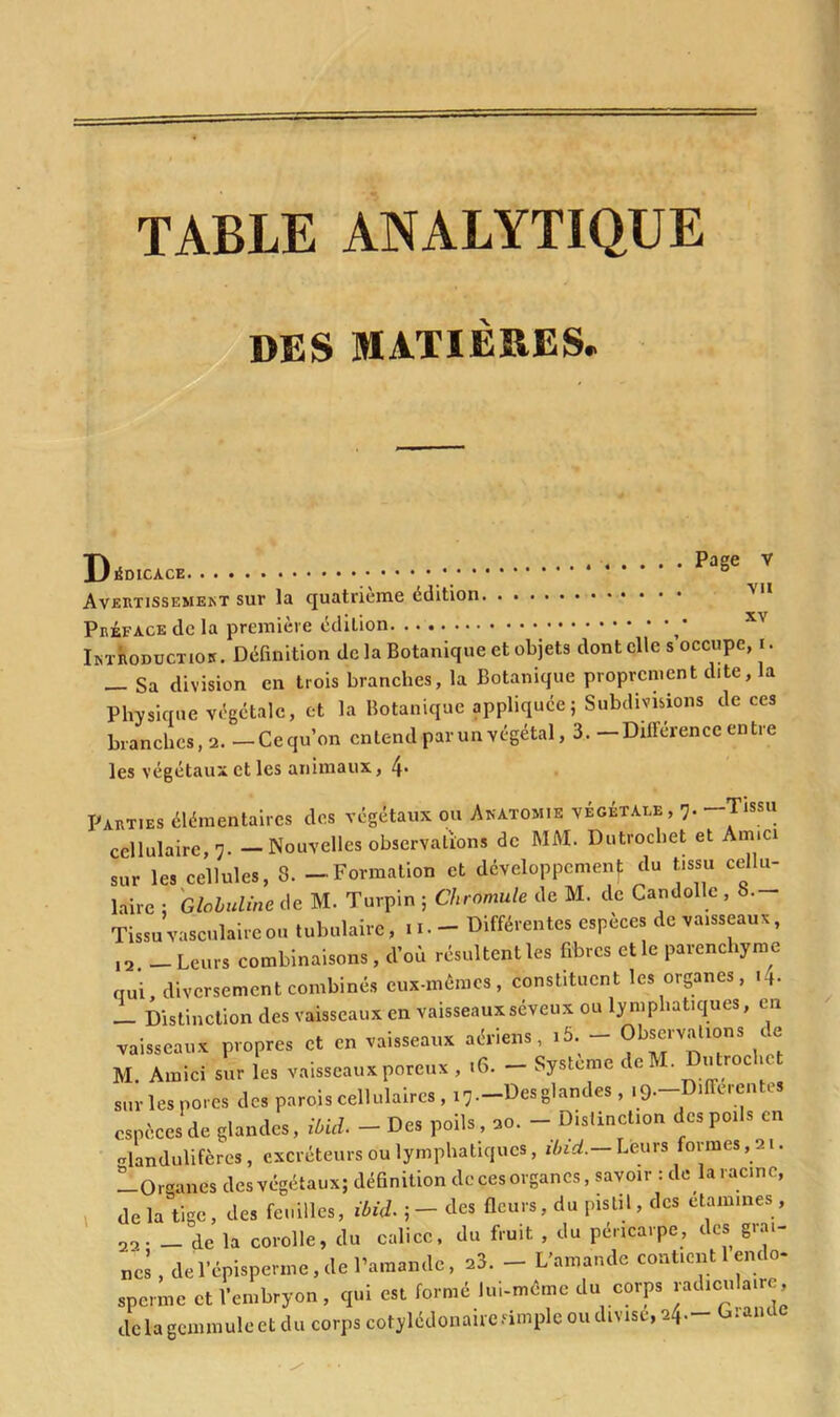 TABLE ANALYTIQUE Dédicace * V Avertissement sur la quatrième édition Préface de la première édition Introduction. Définition de la Botanique et objets dont elle s occupe, i. _ Sa division en trois branches, la Botanique proprement dite, la Physique végétale, et la Botanique appliquée; Subdivisions de ces branches, 2. —Cequ’on entend par un végétal, 3. —Différence entre les végétaux et les animaux, l\. Parties élémentaires des végétaux ou Anatomie végétale, 7. -Tissu cellulaire, 7. — Nouvelles observations de MM. Dutrochet et Anna sur les cellules, 8. - Formation et développement du tissu cellu- laire ; Globuline de M. Turpin ; Chromule de M. de Candollc , 8. Tissu vasculaire ou tubulaire ,11— Différentes espèces de vaisseaux, I2. _ Leurs combinaisons , d’où résultent les fibres elle parenchyme qui, diversement combinés eux-mèmes, constituent les organes, M- — Distinction des vaisseaux en vaisseauxséveux ou lymphatiques, en vaisseaux propres et en vaisseaux aériens, i5. - Observations de M. Amici sur les vaisseaux poreux , 16. - Système de M. Dutrochet sur les pores des parois cellulaires , 17.-]Desglandes , 19.-D1ffe.entes espèces de glandes, ibid. - Des poils, 20. - Dislinction des poils en Mandulifères , excréteurs ou lymphatiques, ibid.-Leurs formes , 2.. loraanes des végétaux; définition de çes organes, savoir : de la racine, delà tige, des feuilles, ibid. ; — des fleurs, du pistil, des etamines, 22- — de la corolle, du calice, du fruit , du péricarpe, des grai- nes , de l’épisperme , de l’amande, a3. — L’amande contient enc 0- sperme et l’embryon, qui est formé lui-même du corps radiculaire, delà gemmule et du corps cotylédonaiie simple ou divise, 24. *aiu