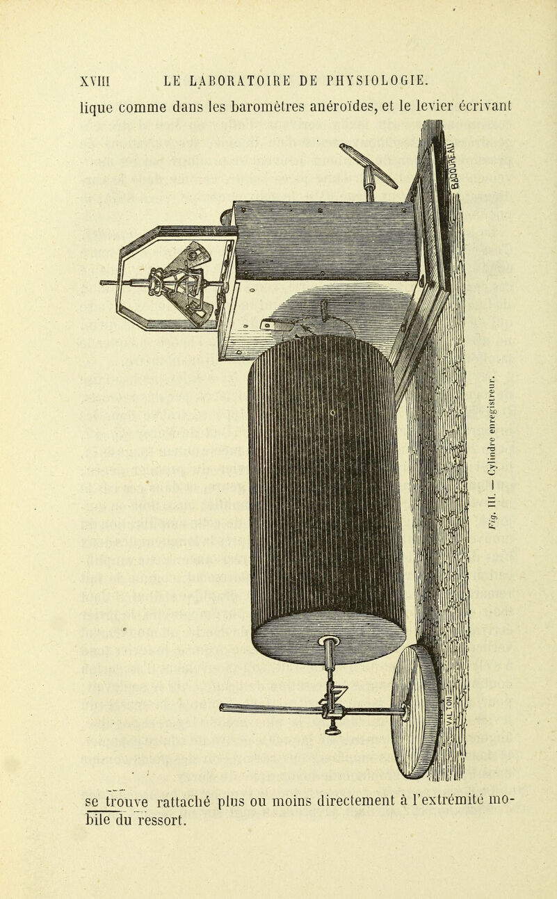 lique comme dans les baromètres anéroïdes, et le levier écrivant se trouve rattaché plus ou moins directement à l'extrémité mo- bile du ressort.