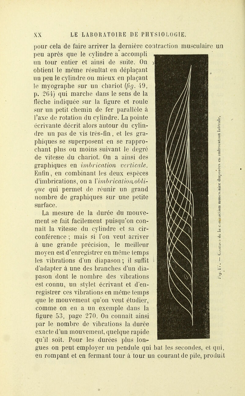 pour cela de faire arriver la dernière contraction musculaire un peu après que le cylindre a accompli un tour entier et ainsi de suite. On obtient le même résultat en déplaçant un peu le cylindre ou mieux en plaçant le myographe sur un chariot (fig. 49, p. 264) qui marche clans le sens de la flèche indiquée sur la figure et roule sur un petit chemin de fer parallèle à Taxe de rotation du cylindre. La pointe écrivante décrit alors autour du cylin- dre un pas de vis très-fin, et les gra- phiques se superposent en se rappro- chant plus ou moins suivant le degré de vitesse du chariot. On a ainsi des graphiques en imbrication verticale. Enfin, en combinant les deux espèces d'imbrications, on a Y imbrication* obli- que qui permet de réunir un grand nombre de graphiques sur une petite surface. La mesure de la durée du mouve- ment se fait facilement puisqu'on con- naît la vitesse du cylindre et sa cir- conférence ; mais si l'on veut arriver à une grande précision, le meilleur moyen est d'enregistrer en même temps les vibrations d'un diapason; il suffit d'adapter à une des branches d'un dia- pason dont le nombre des vibrations est connu, un stylet écrivant et d'en- registrer ces vibrations en même temps que le mouvement qu'on veut étudier, comme on en a un exemple dans la figure 53, page 270. On connaît ainsi par le nombre de vibrations la durée exacte d'un mouvement, quelque rapide qu'il soit. Pour les durées plus lon- gues on peut employer un pendule qui bat les secondes, et qui, en rompant et en fermant tour à tour un courant de pile, produit