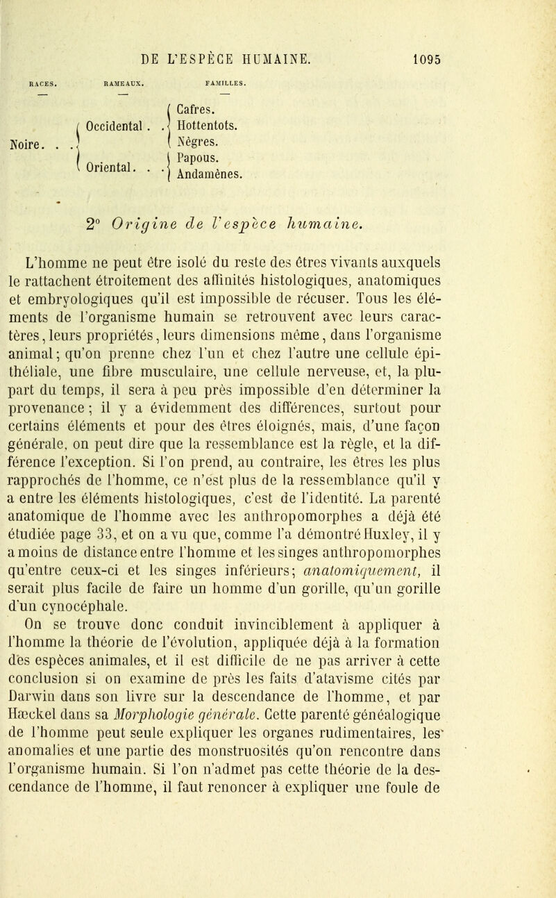 RACES. RAMEAUX. FAMILLES. Occidental Cafres. Hottentots. Noire. Oriental. Nègres. Papous. Andamènes. 2° Origine de l'espèce humaine. L'homme ne peut être isolé du reste des êtres vivants auxquels le rattachent étroitement des affinités histologiques, anatomiques et embryologiques qu'il est impossible de récuser. Tous les élé- ments de l'organisme humain se retrouvent avec leurs carac- tères , leurs propriétés, leurs dimensions même, dans l'organisme animal ; qu'on prenne chez l'un et chez l'autre une cellule épi- théliale, une fibre musculaire, une cellule nerveuse, et, la plu- part du temps, il sera à peu près impossible d'en déterminer la provenance ; il y a évidemment des différences, surtout pour certains éléments et pour des êtres éloignés, mais, d'une façon générale, on peut dire que la ressemblance est la règle, et la dif- férence l'exception. Si l'on prend, au contraire, les êtres les plus rapprochés de l'homme, ce n'est plus de la ressemblance qu'il y a entre les éléments histologiques, c'est de l'identité. La parenté anatomique de l'homme avec les anthropomorphes a déjà été étudiée page 33, et on a vu que, comme l'a démontré Huxley, il y a moins de distance entre l'homme et les singes anthropomorphes qu'entre ceux-ci et les singes inférieurs; anatomîcjuement, il serait plus facile de faire un homme d'un gorille, qu'un gorille d'un cynocéphale. On se trouve donc conduit invinciblement à appliquer à l'homme la théorie de l'évolution, appliquée déjà à la formation des espèces animales, et il est difficile de ne pas arriver à cette conclusion si on examine de près les faits d'atavisme cités par Darwin dans son livre sur la descendance de l'homme, et par Hœckel dans sa Morphologie générale. Cette parenté généalogique de l'homme peut seule expliquer les organes rudimentaires, les' anomalies et une partie des monstruosités qu'on rencontre dans l'organisme humain. Si l'on n'admet pas cette théorie de la des- cendance de l'homme, il faut renoncer à expliquer une foule de