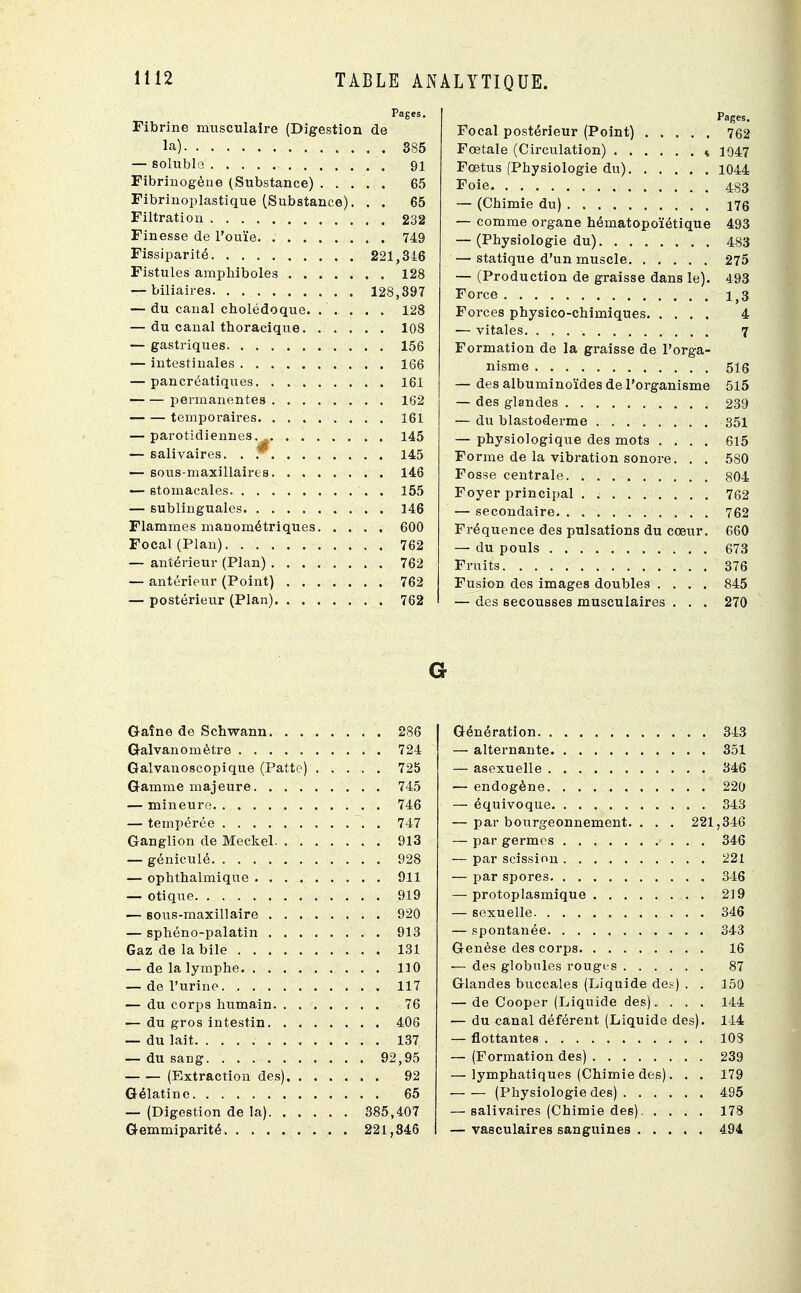 Pages. Fibrine musculaire (Digestion de la) 385 — solublo 91 Fibrinogène (Substance) 65 Fibrinoplastique (Substance). . . 65 Filtration 232 Finesse de l'ouïe 749 Fissiparité 221,346 Fistules amphiboles 128 — biliaires 128,397 — du canal cholédoque 128 — du canal thoracique 108 — gastriques 156 — intestinales 166 — pancréatiques 161 permanentes 162 temporaires 161 — parotidiennes, 145 — salivaires. . . 145 — sous-maxillairts 146 — stomacales 155 — sublinguales 146 Flammes maaométriques 600 Focal (Plan) 762 — antérieur (Plan) 762 — antérieur (Point) 762 — postérieur (Plan) 762 Pages. Focal postérieur (Point) 762 Foetale (Circulation) 4 1947 Foetus (Physiologie du) 1044 Foie 483 — (Chimie du) 176 — comme organe hématopoïétique 493 — (Physiologie du) 483 — statique d'un muscle 275 — (Production de graisse dans le). 493 Force 1,3 Forces physico-chimiques 4 — vitales. . . . 7 Formation de la graisse de l'orga- nisme 516 — des albuminoïdes de l'organisme 515 — des glandes 239 — du blastoderme 351 — physiologique des mots .... 615 Forme de la vibration sonore. . . 580 Fosse centrale 804 Foyer principal 762 — secondaire 762 Fréquence des pulsations du cœur. 660 — du pouls 673 Fruits 376 Fusion des images doubles .... 845 — des secousses musculaires . . . 270 Gaîne de Schwann 286 Galvanomètre 724 Galvanoscopique (Patte) ..... 725 Gamme majeure 745 — mineure 746 — tempérée 747 Ganglion de Meckel 913 — géniculé 928 — ophthalmique 911 — otique 919 — sous-maxillaire 920 — sphéno-palatin 913 Gaz de la bile 131 — de la lymphe 110 — de l'urine 117 — du corps humain 76 — du gros intestin 406 — du lait. 137 — du sang. . 92,95 (Extraction des) 92 Gélatine 65 — (Digestion de la) 385,407 Gemmiparité 221,346 Génération 343 — alternante 351 — asexuelle 346 — endogène 220 — équivoque 343 — par bourgeonnement. . . . 221,346 — par germes 346 — par scission 221 — par spores 346 — protoplasmique 219 — sexuelle 346 — spontanée 343 Genèse des corps 16 — des globules rouges 87 Glandes buccales (Liquide den) . . 150 — de Cooper (Liquide des). . . . 144 — du canal déférent (Liquide des). 144 — flottantes 103 — (Formation des) 239 — lymphatiques (Chimie des). . . 179 (Physiologie des) 495 — salivaires (Chimie des) 178 — vasculaires sanguines 494