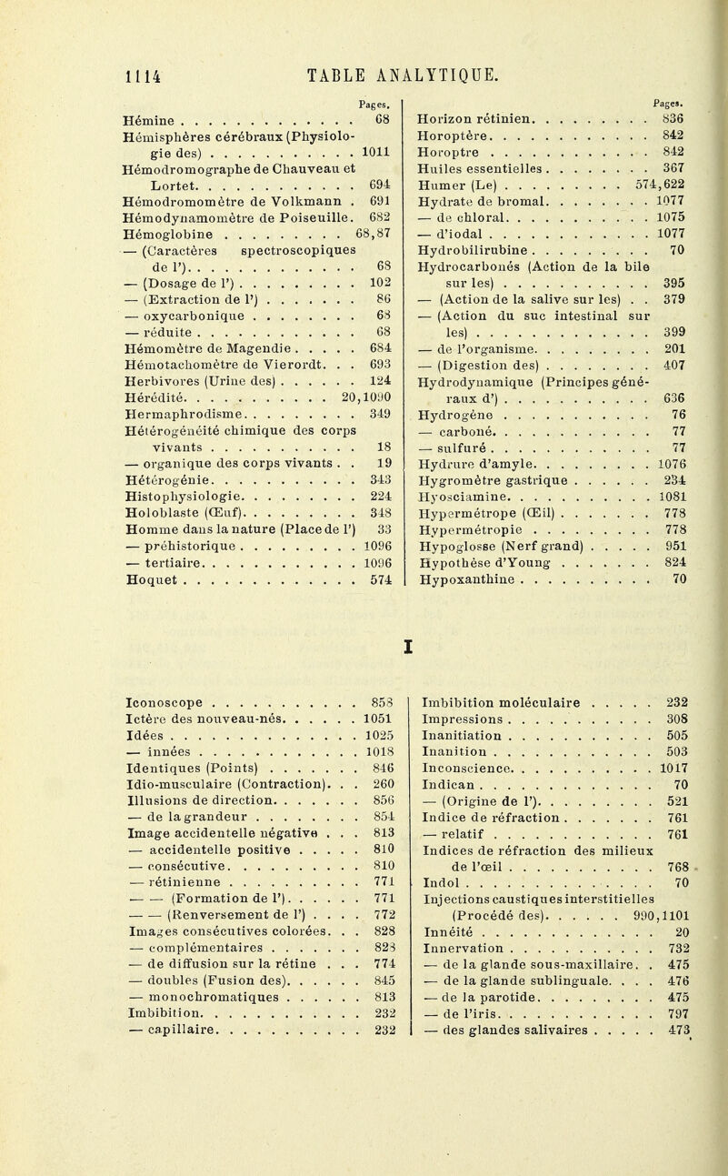 Pages. Hémine 68 Hémisphères cérébraux (Physiolo- gie des) 1011 Hémodromographe de Chauveau et Lortet 694 Hémodromomètre de Volkmann . 691 Hémodynamomètre de Poiseuille. 682 Hémoglobine 68,87 — (Caractères spectroscopiques deP) 68 — (Dosage de 1') 102 — (Extraction de 1') 86 — oxycarbonique 68 — réduite 68 Hémomètre de Magendie 684 Hémotachomètre de Vierordt. . . 693 Herbivores (Urine des) 124 Hérédité 20,1090 Hermaphrodisme 349 Hétérogénéité chimique des corps vivants 18 — organique des corps vivants . . 19 Hétérogénie 343 Histophysiologie 224 Holoblaste (Œuf) 348 Homme dans la nature (Place de P) 33 — préhistorique 1096 — tertiaire 1096 Hoquet 574 Iconoscope 858 Ictère des nouveau-nés 1051 Idées 1025 — innées 1018 Identiques (Points) 846 Idio-musculaire (Contraction). . . 260 Illusions de direction 856 — de la grandeur 854 Image accidentelle négativH . . . 813 — accidentelle positive 810 — consécutive 810 — rétinienne 771 — — (Formation de 1') 771 (Renversement de P) ... . 772 Images consécutives colorées. . . 828 — complémentaires 823 — de diffusion sur la rétine . . . 774 — doubles (Fusion des) 845 — monochromatiques 813 Imbibition 232 — capillaire 232 Pages. Horizon rétinien 836 Horoptère 842 Horoptre 842 Huiles essentielles 367 Humer (Le) 574,622 Hydrate de bromal 1077 — de chloral . 1075 — d'iodal 1077 Hydrobilirubine 70 Hydrocarbonés (Action de la bile sur les) 395 — (Action de la salive sur les) . . 379 — (Action du suc intestinal sur les) 399 — de l'organisme 201 — (Digestion des) 407 Hydrodynamique (Principes géné- raux d') 636 Hydrogène 76 — carboné 77 — sulfuré 77 Hydrure d'amyle 1076 Hygromètre gastrique 234 Hyosciamine 1081 Hypermétrope (Œil) 778 Hypermétropie 778 Hypoglosse (Nerf grand) 951 Hypothèse d'Young 824 Hypoxanthine 70 I Imbibition moléculaire 232 Impressions 308 Inanitiation 505 Inanition 503 Inconscience 1017 Indican 70 — (Origine de P) 521 Indice de réfraction 761 — relatif 761 Indices de réfraction des milieux de l'œil 768 . Indol 70 Injections caustiques interstitielles (Procédé des) 990,1101 Innéité 20 Innervation 732 — de la glande sous-maxillaire. . 475 — de la glande sublinguale. . . . 476 — de la parotide 475 — de l'iris 797 — des glandes salivaires 473