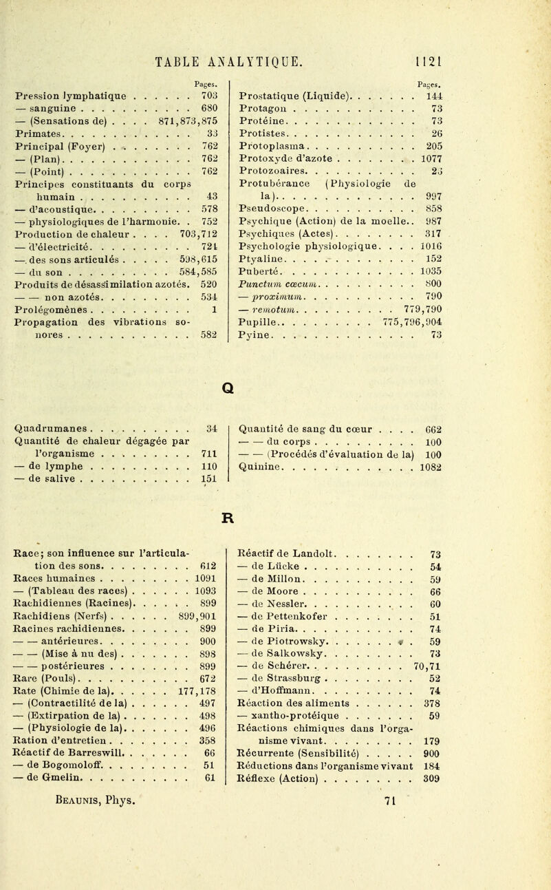 Pages. Pression lymphatique 703 — sanguine 680 — (Sensations de) . . . . 871,873,875 Primates 33 Principal (Foyer) 762 — (Plan) 762 — (Point) 762 Principes constituants du corps humain 43 — d'acoustique 578 — physiologiques de l'harmonie. . 752 Production de chaleur . . . . 703,712 — d'électricité 721 —. des sons articulés 51)8,615 — du son 584,585 Produits de désassïmilation azotés. 520 non azotés 534 Prolégomènes 1 Propagation des vibrations so- nores 582 Quadrumanes 34 Quantité de chaleur dégagée par l'organisme 711 — de lymphe 110 — de salive 151 Race; son influence sur l'articula- tion des sons 612 Races humaines 1091 — (Tableau des races) 1093 Rachidiennes (Racines). ..... 899 Rachidiens (Nerfs) 899,901 Racines rachidiennes 899 antérieures 900 (Mise à nu des) 898 — — postérieures 899 Rare (Pouls) 672 Rate (Chimie de la) 177,178 — (Contractilité delà) 497 — (Extirpation de la) 498 — (Physiologie de la) 496 Ration d'entretien 358 Réactif de Barreswill 66 — de Bogomoloff. 51 — de Gmelin 61 Pages. Prostatique (Liquide) 144 Protagon 73 Protéine 73 Protistes 26 Protoplasma 205 Protoxyde d'azote 1077 Protozoaires 26 Protubérance (Physiologie de la). ............. 997 Pseudoscope 858 Psychique (Action) de la moelle.. 987 Psychiques (Actes) 317 Psychologie physiologique. . . . 1016 Ptyaline 152 Puberté 1035 Punctum cœcum 800 — proximum 790 — remotum 779,790 Pupille 775,796,904 Pyine 73 Quantité de sang du cœur .... 662 ■ du corps 100 (Procédés d'évaluation de la) 100 Quinine 1082 Réactif de Landolt 73 — de Liicke 54 — de Millon 59 — de Moore 66 — de Nessler 60 — de Pettenkofer 51 — de Piria 74 — de Piotrowsky m . 59 — de Salkowsky 73 — de Schérer. 70,71 — de Strassburg 52 — d'Hoffmann 74 Réaction des aliments 378 — xantho-protéique 59 Réactions chimiques dans l'orga- nisme vivant 179 Récurrente (Sensibilité) 900 Réductions dans l'organisme vivant 184 Réflexe (Action) 309 Q R Beaunis, Phys. 71