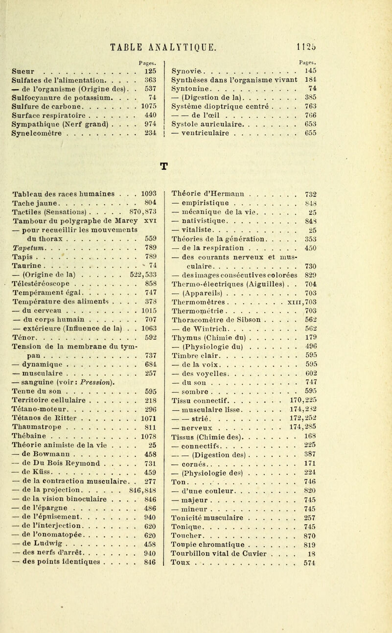 Pages. Sueur 125 Sulfates de l'alimentation 363 — de l'organisme (Origine des). . 537 Sulfocyanure de potassium. ... 74 Sulfure de carbone 1075 Surface respiratoire 440 Sympathique (Nerf grand) .... 974 Synelcomètre 234 Pages. Synovie. 145 Synthèses dans l'organisme vivant 184 Syntonine 74 — (Digestion de la) 385 Système dioptrique centré .... 763 de l'œil . . . 766 Systole auriculaire 653 j — ventriculaire 655 T Tableau des races humaines . . . 1093 Tache jaune 804 Tactiles (Sensations) 870,873 Tambour du polygraphe de Marey xvi — pour recueillir les mouvements du thorax 559 Tapetum 789 Tapis . . . . ' 789 Taurine '-74 — (Origine de la) 522,533 ■ Télestéréoscope 858 Tempérament égal 747 Température des aliments .... 378 — du cerveau 1015 — du corps humain 707 — extérieure (Influence de la) . . 1063 Ténor 592 Tension de la membrane du tym- pan 737 — dynamique 684 — musculaire 257 — sanguine (voir : Pression). Tenue du son 595 Territoire cellulaire 218 Tétano-moteur 296 Tétanos de Ritter 1071 Thaumatrope 811 Thébaine 1078 Théorie animiste de la vie .... 25 — de Bowmann 458 — de Du Bois Reymond 731 — de Kiiss 459 — de la contraction musculaire. . 277 — de la projection 846,848 — de la vision binoculaire .... 846 — de l'épargne 486 — de l'épuisement 940 — de l'interjection 620 — de l'onomatopée 620 — de Ludwig 458 — des nerfs d'arrêt 940 — des points identiques 846 Théorie d'Hermann 732 — empiristique 848 — mécanique de la vie 25 — nativistique 843 — vitaliste 25 Théories de la génération 353 — de la respiration 450 — des courants nerveux et mus- culaire 730 — des images consécutives colorées 829 Thermo-électriques (Aiguilles) . . 704 — (Appareils) 703 Thermomètres xiii,703 Thermométrie 703 Thoracomètre de Sibson 562 — de Wintrich 562 Thymus (Chimie du) 179 — (Physiologie du) 496 Timbre clair 595 — de la voix 595 — des voyelles 602 — du son 747 — sombre 595 Tissu connectif 170,225 — musculaire lisse 174,232 strié 172,252 — nerveux 174,285 Tissus (Chimie des) 168 — connectifs 225 (Digestion des) 387 — cornés 171 — (Physiologie des) 224 Ton. 746 — d'une couleur 820 — majeur 745 — mineur 745 Tonicité musculaire 257 Tonique 745 Toucher 870 Toupie chromatique 819 Tourbillon vital de Cuvier .... 18 Toux 574