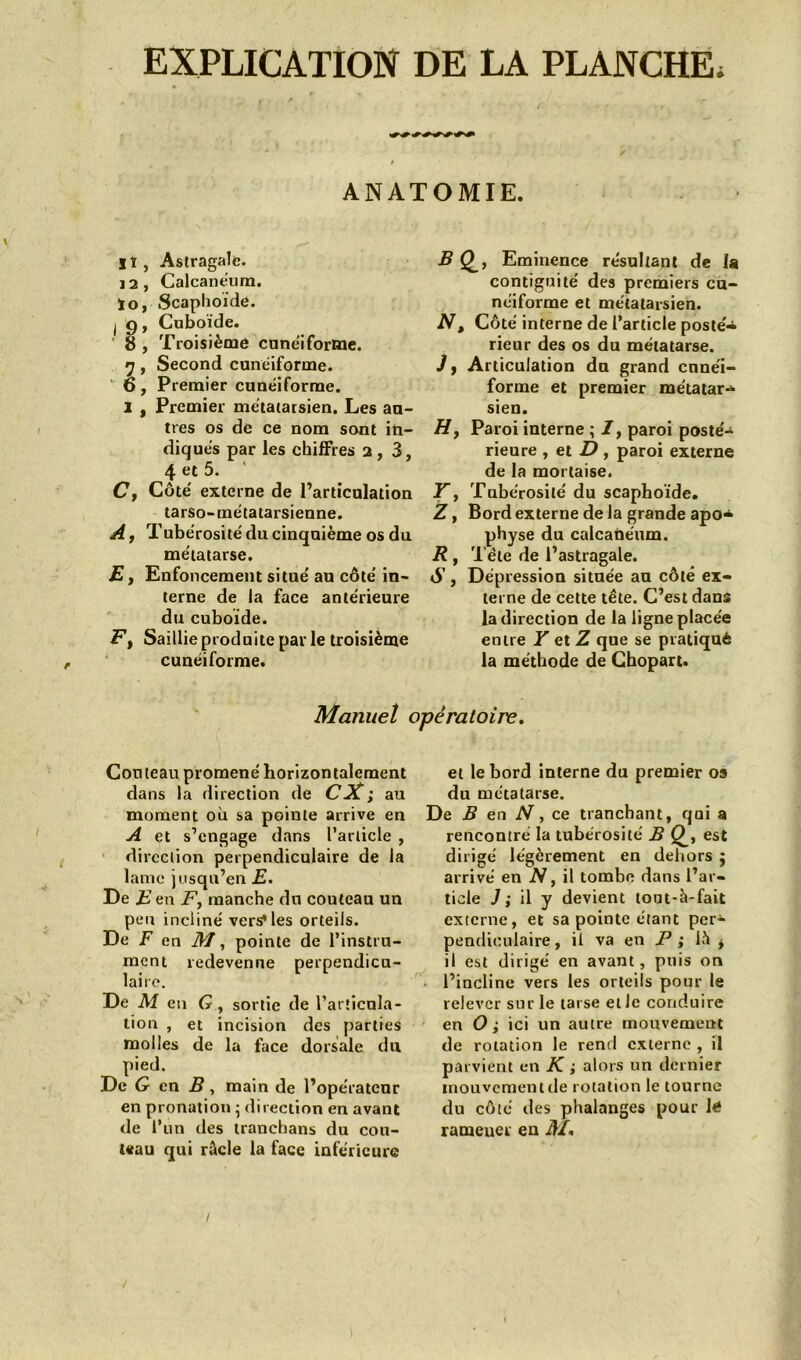 EXPLICATION DE LA PLANCHE, ANATOMIE. Iî, Astragale. 12, Calcanéum. ïo, Scaphoïde. I 9, Cuboïde. 8 , Troisième cunéiforme. 7 , Second cunéiforme. 6, Premier cunéiforme. I , Premier métatarsien. Les au- tres os de ce nom sont in- diqués par les chiffres 2,3, 4 et 5. Cy Côté externe de l’articulation tarso-métatarsienne. Ay Tubérosité du cinquième os du métatarse. E j Enfoncement situé au côté in- terne de la face antérieure du cuboïde. Ft Saillie produite par le troisième cunéiforme. B Q, Eminence résultant de la contiguité des premiers cu- néiforme et métatarsien. N3 Côté interne de l’article posté-* rieur des os du métatarse. J, Articulation du grand cunéi- forme et premier métatar-»- sien. Hf Paroi interne ; /, paroi postée rieure , et D , paroi externe de la mortaise. Y, Tubérosité du scaphoïde. Z, Bord externe delà grande apo* physe du calcanéum. R f Tête de l’astragale. S , Dépression située au côté ex- terne de cette tête. C’est dans la direction de la ligne placée entre T et Z que se pratiqué la méthode de Chopart. Manuel opératoire. Cou teau promené horizontalement dans la direction de C JC ; au moment où sa pointe arrive en A et s’engage dans l’article , direction perpendiculaire de la lame jusqu’en E. D e£ en F, manche du couteau un peu incliné vers* les orteils. De F en A/, pointe de l’instru- ment redevenne perpendicu- laire. De M en G , sortie de l’articula- tion , et incision des parties molles de la face dorsale du pied. De G en B, main de l’opérateur en pronation • direction en avant de l’un des tranebans du cou- teau qui racle la face inférieure et le bord interne du premier os du métatarse. De B en N, ce tranchant, qai a rencontré la tubérosité B est dirigé légèrement en dehors ; arrivé en ÏV, il tombe dans l’ar- ticle J ; il y devient tout-à-fait externe, et sa pointe étant per- pendiculaire , il va en P ; là i il est dirigé en avant, puis on l’incline vers les orteils pour le relever sur le tarse elle conduire en O j ici un autre mouvement de rotation le rend externe , il parvient en K ; alors un dernier mouvement de rotation le tourne du côté des phalanges pour lé ramener en A/.