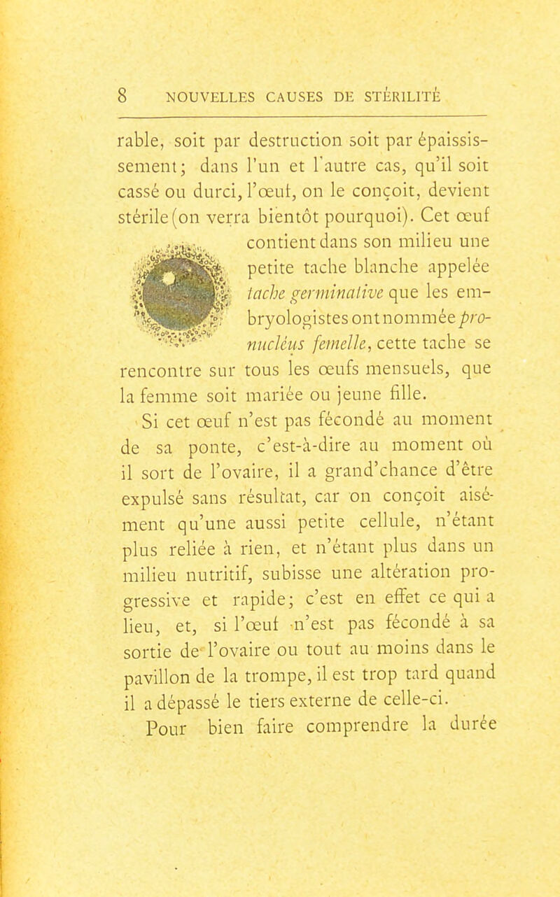 rable, soit par destruction soit par épaissis- sement; dans l'un et l'autre cas, qu'il soit cassé ou durci, l'œut, on le conçoit, devient stérile (on verra bientôt pourquoi). Cet œuf rencontre sur tous les œufs mensuels, que la femme soit mariée ou jeune fille. Si cet œuf n'est pas fécondé au moment _ de sa ponte, c'est-à-dire au moment où il sort de l'ovaire, il a grand'chance d'être expulsé sans résultat, car on conçoit aisé- ment qu'une aussi petite cellule, n'étant plus reliée à rien, et n'étant plus dans un milieu nutritif, subisse une altération pro- gressive et rapide; c'est en effet ce qui a lieu, et, si l'œut n'est pas fécondé à sa sortie de-l'ovaire ou tout au moins dans le pavillon de la trompe, il est trop tard quand il a dépassé le tiers externe de celle-ci. Pour bien faire comprendre la durée contient dans son milieu une petite tache blanche appelée tache gerrninalive que les em- bryologistes ont nommée pro- nitcUus femelle, cette tache se