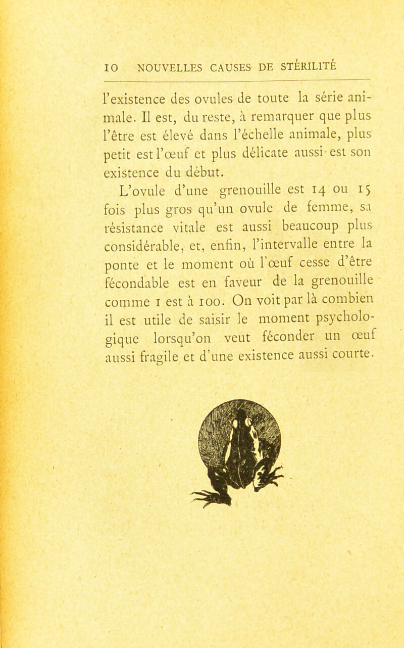 l'existence des ovules de toute la série ani- male. Il est, du reste, à remarquer que plus l'être est élevé dans l'échelle animale, plus petit est l'œuf et plus délicate aussi est son existence du début. L'ovule d'une grenouille est 14 ou 15 fois plus gros qu'un ovule de femme, sa résistance vitale est aussi beaucoup plus considérable, et, enfin, l'intervalle entre la ponte et le moment où l'œuf cesse d'être fécondable est en faveur de la grenouille comme i est à 100. On voit par là combien il est utile de saisir le moment psycholo- gique lorsqu'on veut féconder un œuf aussi fragile et d'une existence aussi courte.