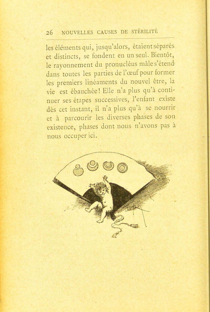 les éléments qui, jusqu'alors, étaient séparés et distincts, se fondent en un seul. Bientôt, le rayonnement du pronucléus mâle s'étend- dans toutes les parties de l'œuf pour former les premiers linéaments du nouvel être, la vie est ébauchée ! Elle n'a plus qu'à conti- nuer ses étapes successives, l'enfant existe dès cet instant, il n'a plus qu'à se nourrir et à parcourir les diverses phases de son existence, phases dont nous n'avons pas à nous occuper ici.