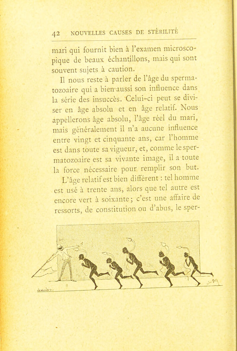 mari qui fournit bien à l'examen microsco- pique de beaux échantillons, mais qui sont souvent sujets à caution. Il nous reste à parler de l'âge du sperma- tozoaire qui a bien-aussi son influence dans la série des insuccès. Celui-ci peut se divi- ser en âge absolu et en âge relatif. Nous appellerons âge absolu, l'âge réel du mari, mais généralement il n'a aucune influence entre vingt et cinquante ans, car l'homme est dans toute sa vigueur, et, comme lesper- matozoaire est sa vivante image, il a toute la force nécessaire pour remplir son but. L'âge relatif est bien différent : tel homme est usé à trente ans, alors que tel autre est encore vert à soixante; c'est une affaire de ressorts, de constitution ou d'abus, le sper-