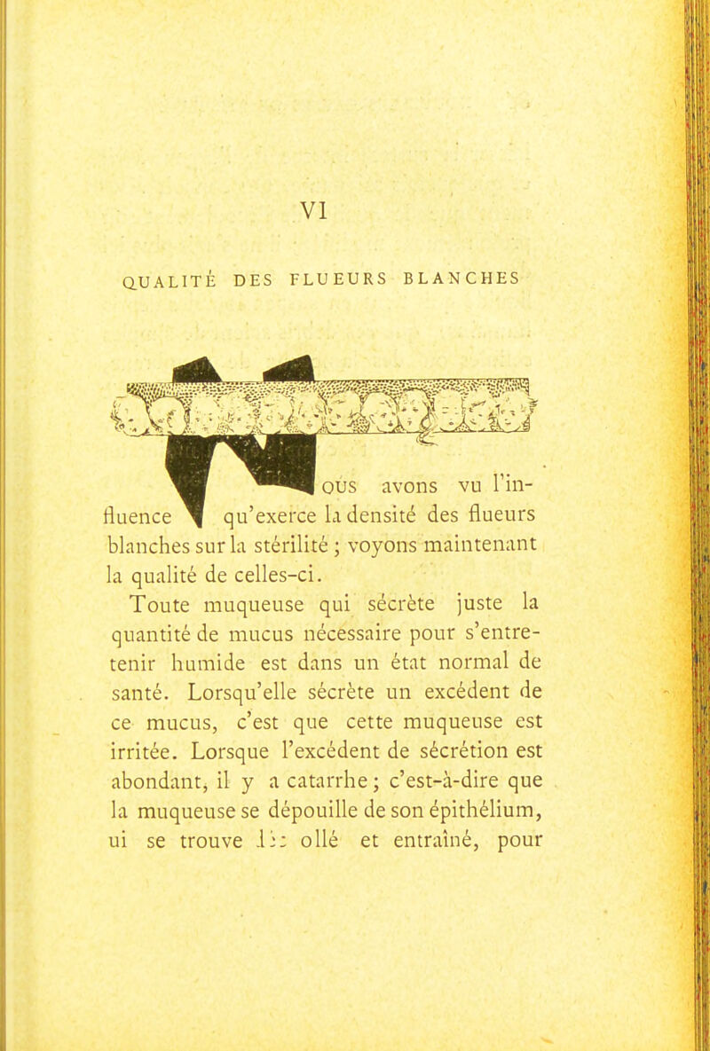 aUALITÉ DES FLUEURS BLANCHES blanches sur la stérilité ; voyons maintenant la qualité de celles-ci. Toute muqueuse qui sécrète juste la quantité de mucus nécessaire pour s'entre- tenir humide est dans un état normal de santé. Lorsqu'elle sécrète un excédent de ce mucus, c'est que cette muqueuse est irritée. Lorsque l'excédent de sécrétion est abondantj il y a catarrhe ; c'est-à-dire que la muqueuse se dépouille de son épithélium, ui se trouve .li: oUé et entraîné, pour