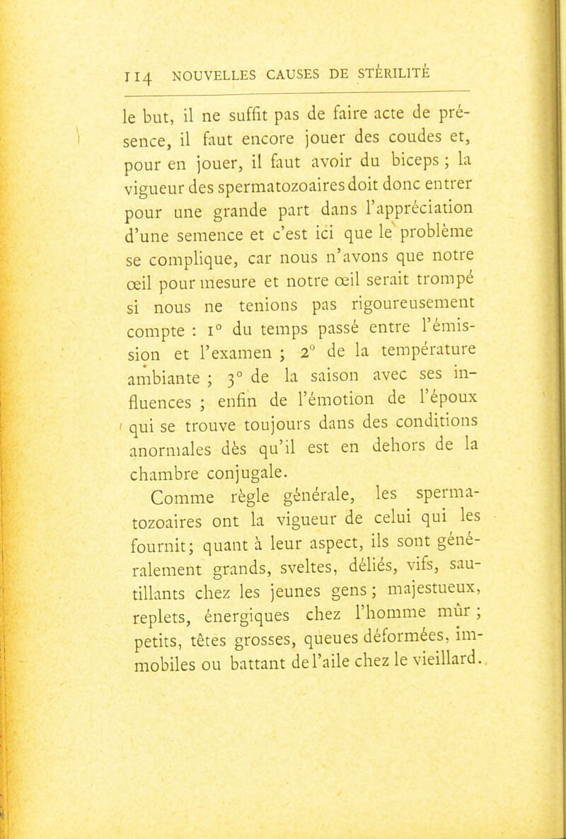 le but, il ne suffit pas de faire acte de pré- sence, il faut encore jouer des coudes et, pour en jouer, il faut avoir du biceps ; la vigueur des spermatozoairesdoit donc entrer pour une grande part dans l'appréciation d'une semence et c'est ici que le problème se complique, car nous n'avons que notre œil pour mesure et notre œil serait trompé si nous ne tenions pas rigoureusement compte : i° du temps passé entre l'émis- sion et l'examen ; 2° de la température ambiante ; 3° de la saison avec ses in- fluences ; enfin de l'émotion de l'époux ' qui se trouve toujours dans des conditions anormales dès qu'il est en dehors de la chambre conjugale. Comme règle générale, les sperma- tozoaires ont la vigueur de celui qui les fournit; quant à leur aspect, ils sont géné- ralement grands, sveltes, déliés, vifs, sau- tillants chez les jeunes gens ; majestueux, replets, énergiques chez l'homme mûr; petits, têtes grosses, queues déformées, im- mobiles ou battant de l'aile chez le vieillard.