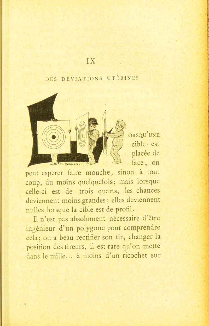 DES DÉVIATIONS UTÉRINES OBSau'UNE cible- est placée de face, on peut espérer faire mouche, sinon à tout coup, du moins quelquefois; mais lorsque celle-ci est de trois quarts, les chances deviennent moins grandes ; elles deviennent nulles lorsque la cible est de profil. Il n'est pas absolument nécessaire d'être ingénieur d'un polygone pour comprendre cela; on a beau rectifier son tir, changer la position des tireurs, il est rare qu'on mette dans le mille... à moins d'un ricochet sur