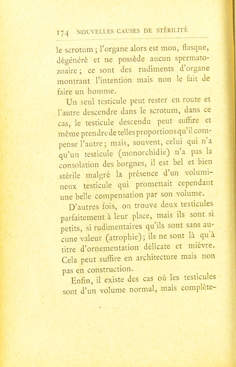 le scrotum ; l'organe alors est mou, flasque, dégénéré et ne possède aucun spermato- zoaire; ce sont des rudiments d'organe montrant l'intention mais non le fait de faire un homme. Un seul testicule peut rester en route et l'autre descendre dans le scrotum, dans ce cas, le testicule descendu peut suffire et même prendre de telles proportions qu'il com- pense l'autre; mais, souvent, celui qui n'a qu'un testicule (monorchidie) n'a pas la consolation des borgnes, il est bel et bien stérile malgré la présence d'un volumi- neux testicule qui promettait cependant une belle compensation par son volume. D'autres fois, on trouve deux testicules parfaitement à leur place, mais ils sont si petits, si rudimentaires qu'ils sont sans au- cune valeur (atrophie); ils ne sont là quà titre d'ornementation délicate et mièvre. Cela peut suffire en architecture mais non pas en construction. Enfin, il existe des cas où les testicules sont d'un volume normal, mais complète-