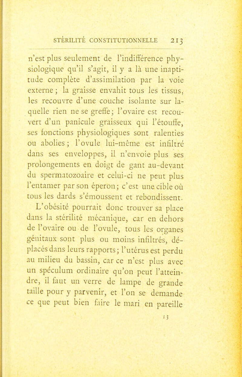 n'est plus seulement de l'indifférence phy- siologique qu'il s'agit, il y a là une inapti- tude complète d'assimilation par la voie externe ; la graisse envahit tous les tissus, les recouvre d'une couche isolante sur la- quelle rien ne se greffe; l'ovaire est recou- vert d'un panicule graisseux qui l'étouffé, ses fonctions physiologiques sont ralenties ou abolies; l'ovule lui-même est infiltré dans ses enveloppes, il n'envoie plus ses prolongements en doigt de gant au-devant du spermatozoaire et celui-ci ne peut plus l'entamer par son éperon; c'est une cible où tous les dards s'émoussent et rebondissent. L'obésité pourrait donc trouver sa place dans la stérilité mécanique, car en dehors de l'ovaire ou de l'ovule, tous les organes génitaux sont plus ou moins infiltrés, dé- placés dans leurs rapports ; l'utérus est perdu au milieu du bassin, car ce n'est plus avec un spéculum ordinaire qu'on peut l'attein- dre, il fout un verre de lampe de grande taille pour y parvenir, et l'on se demande ce que peut bien faire le mari en pareille 15
