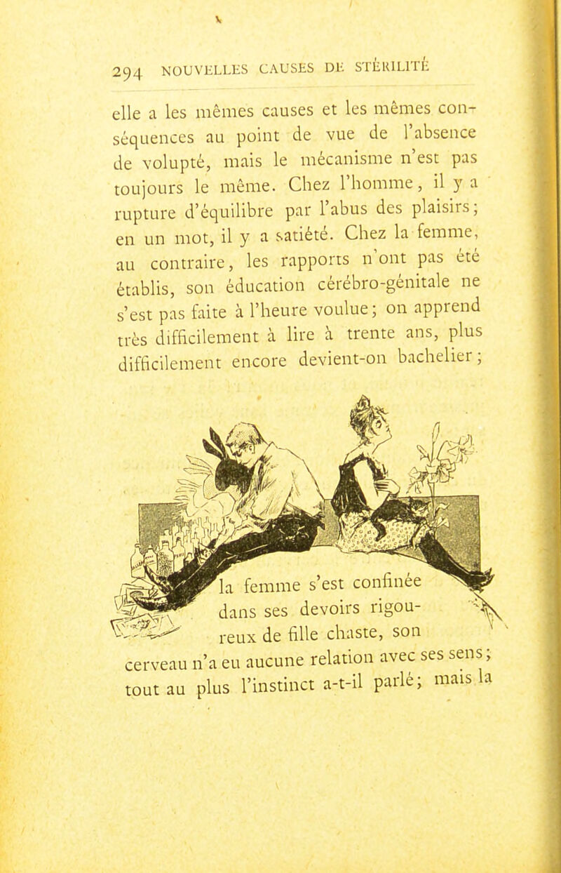 V 294 NOUVELLES CAUSES DK STÉIULITÉ elle a les mêmes causes et les mêmes con- séquences au point de vue de l'absence de volupté, mais le mécanisme n'est pas toujours le même. Chez l'homme, il y a rupture d'équilibre par l'abus des plaisirs; en un mot, il y a satiété. Chez la femme, au contraire, les rapports n'ont pas été établis, son éducation cérébro-génitale ne s'est pas faite à l'heure voulue; on apprend très difficilement à lire à trente ans, plus difficilement encore devient-on bachelier; la femme dans ses devoirs rigou- reux de fille chaste, son cerveau n'a eu aucune relation avec ses sens tout au plus l'instinct a-t-il parlé; mais 1