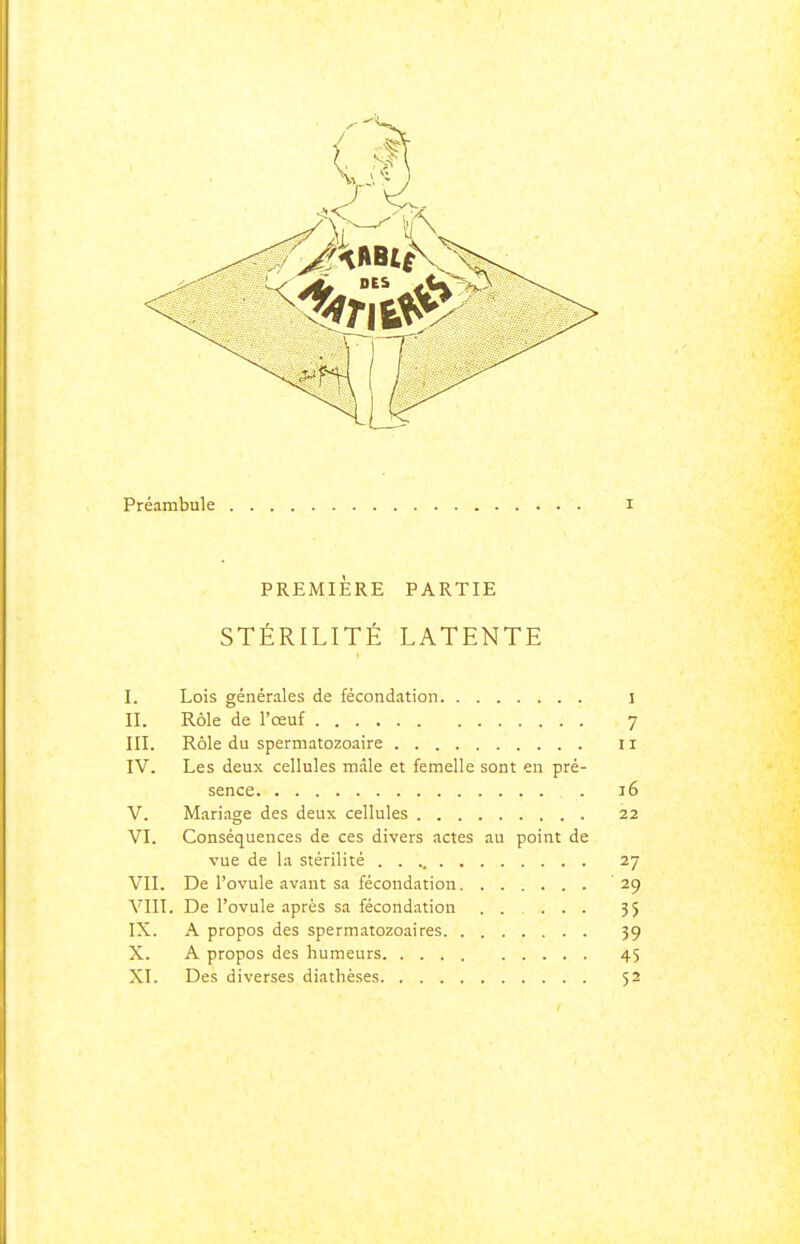PREMIÈRE PARTIE STÉRILITÉ LATENTE I. Lois générales de fécondation I II. Rôle de l'œuf 7 III. Rôle du spermatozoaire Il IV. Les deux cellules mâle et femelle sont en pré- sence 16 V. Mariage des deux cellules 22 VI. Conséquences de ces divers actes au point de vue de la stérilité 27 VII. De l'ovule avant sa fécondation 29 VIII. De l'ovule après sa fécondation ..... 35 IX. A propos des spermatozoaires 39 X. A propos des humeurs 45 XI. Des diverses diatlièses 52