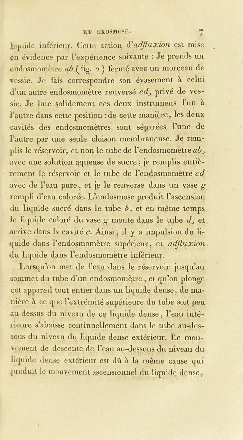 liquide inférieur. Celle aclion ài adfliLOcion esi mise en évidence par l’expérience suivanle : Je prends un endosmomèlre ab ( fig. i ) fermé avec un morceau de vessie. Je fais correspondre son évasemenl à celui d’un auire endosmomèlre renversé cdj privé de ves- sie. Je Iule solidement ces deux instrumens l’un à l’autre dans cette position : de cette manière, les deux cavités des endosmomètres sont séparées l’une de l’autre par une seule cloison membraneuse. Je rem- plis le réservoir, et non le tube de l’endosmomètre abj avec une solution aqueuse de sucre ; je remplis entiè- rement le réservoir et le tube de l’endosmomètre cd avec de l’eau pure, et je le renverse dans un vase g rempli d’eau colorée. L’endosmose produit l’ascension du liquide sucré dans le tube bj et en même temps le liquide coloré du vase g monte dans le tube dj et arrive dans la cavité c. Ainsi, il y a impulsion du li- quide dans l’endosmomètre supérieur, et a(^uxion du liquide dans l’endosmomètre inférieur. Lorsqu’on met de l’eau dans le réservoir jusqu’au sommet du tube d’un endosmomèlre, et qu’on plonge cet appareil tout entier dans un liquide dense, de ma- nière à ce que l’extrémité supérieure du tube soit peu au-dessus du niveau de ce liquide dense, l’eau inté- rieure s’abaisse continuellement dans le tube au-des- sous du niveau du liquide dense extérieur. Le mou- vement de descente de l’eau au-dessous du niveau du liquide dense extérieur est dû à la même cause qui produit le mouvement ascensionnel du liquide dense,