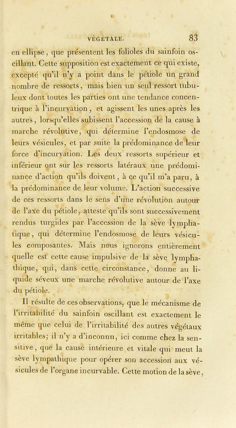 en ellipse, que présentent les folioles du sainfoin os- cillant. Celte supposition est exactement ce qui existe, excepté qu’il n’y a point dans le pétiole un grand nombre de ressorts, mais bien un seul ressort tubu- leux dont toutes les parties ont une tendance concen- trique à l’incurvation, et agissent les unes après les autres, lorsqu’elles subissent l’accession de la cause à marche révolutive, qui détermine l’endosmose de leurs vésicules, et par suite la prédominance de leur force d’incurvation. Les deux ressorts supérieur et inférieur ont sur les ressorts latéraux une prédomi- nance d’action qu’ils doivent, à ce qu’il m’a paru, à la prédominance de leur volume. L’action successive de ces ressorts dans le sens d’une révolution autour de l’axe du pétiole, atteste qu’ils sont successivement rendus turgides par l’accession de la sève lympha- tique , qui détermine l’endosmose de leurs vésicu- les composantes. Mais nous ignorons entièrement quelle est cette cause impulsive de la sève lympha- thique, qui, dans cette circonstance, donne au li- quide séveux une marche révolutive autour de l’axe du pétiole. Il résulte de ces observations, que le mécanisme de l’irritabilité du sainfoin oscillant est exactement le même que celui de l’irritabilité des autres végétaux irritables; il n’y a d’inconnu, ici comme chez la sen- sitive , que la cause intérieure et vitale qui meut la sève lympathique pour opérer son accession aux vé- sicules de l’organe incurvable. Cette motion de la sève.