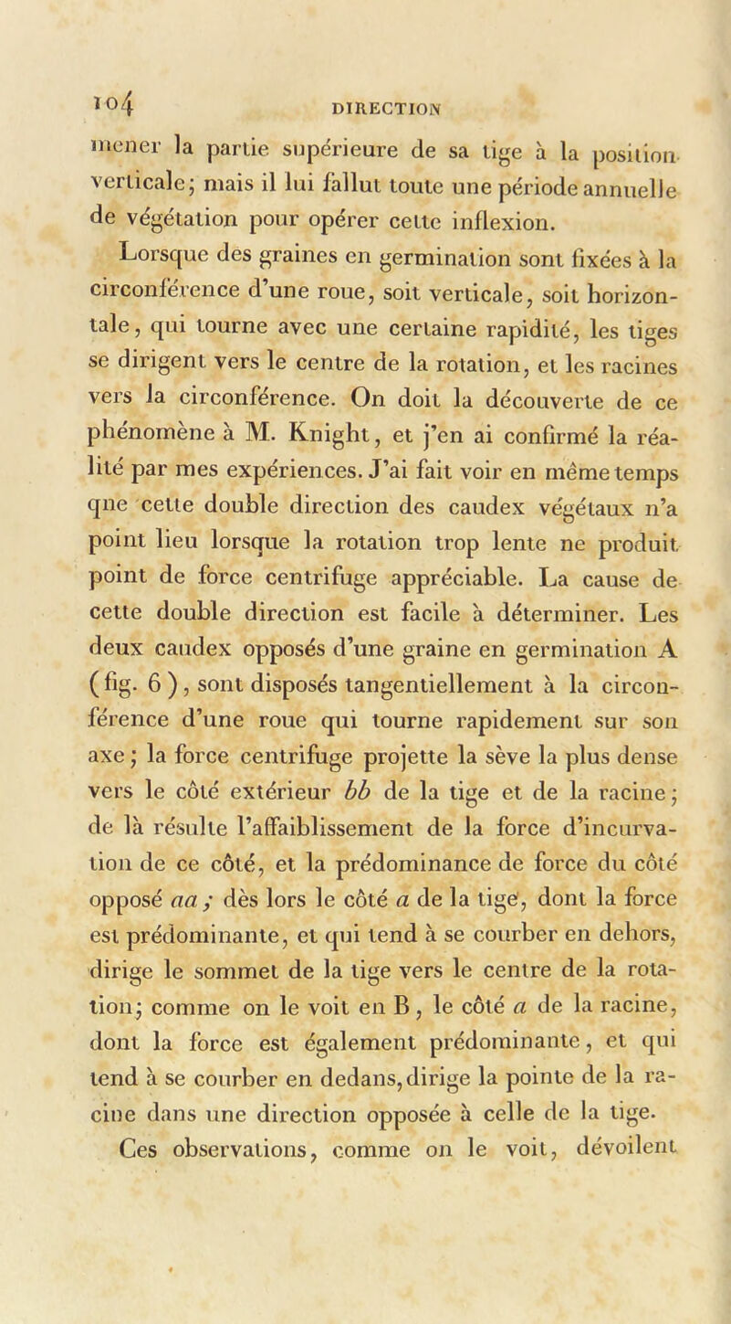 Î04 mener la partie supérieure de sa lige à la position verticale; mais il lui fallut toute une période annuelle de végétation pour opérer cette inflexion. Lorsque des graines en germination sont fixées à la circonférence d une roue, soit verticale, soit horizon- tale, qui tourne avec une certaine rapidité, les liges se dirigent vers le centre de la rotation, et les racines vers la circonférence. On doit la découverte de ce phénomène à M. Knight, et j’en ai confirmé la réa- lité par mes expérien ces. J’ai fait voir en même temps qne cette double direction des caudex végétaux n’a point lieu lorsque la rotation trop lente ne produit point de force centrifuge appréciable. La cause de cette double direction est facile à déterminer. Les deux caudex opposés d’une graine en germination A ( fig. 6 ) , sont disposés tangentiellement à la circon- férence d’une roue qui tourne rapidement sur son axe ; la force centrifuge projette la sève la plus dense vers le côté extérieur bb de la tige et de la racine ; de là résulte l’affaiblissement de la force d’incurva- tion de ce côté, et la prédominance de force du côté opposé aa ; dès lors le côté a de la tige', dont la force est prédominante, et qui tend à se courber en dehors, dirige le sommet de la tige vers le centre de la rota- tion; comme on le voit en B, le côté a de la racine, dont la force est également prédominante, et qui tend à se courber en dedans,dirige la pointe de la ra- cine dans une direction opposée à celle de la tige. Ces observations, comme on le voit, dévoilent