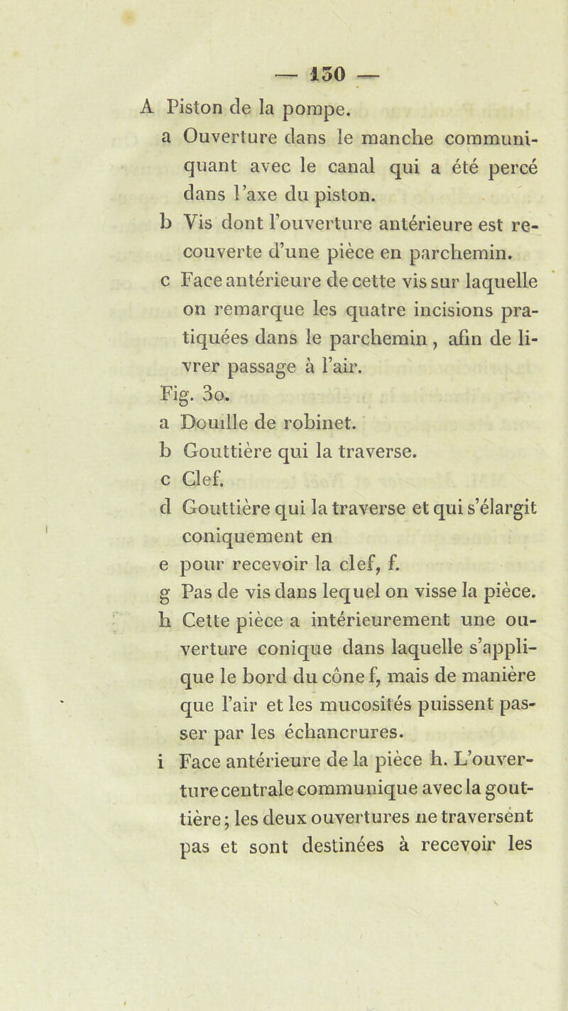 tr1 aq — 150 A Piston de la pompe. a Ouverture dans le manche communi- quant avec le canal qui a été percé dans l’axe du piston, b Vis dont l’ouverture antérieure est re- couverte d’une pièce en parchemin, c Face antérieure de cette vis sur laquelle on remarque les quatre incisions pra- tiquées dans le parchemin , afin de li- vrer passage à l’air. Fig. 3o. a Douille de robinet, b Gouttière qui la traverse, c Clef. coniquement en e pour recevoir la clef, f. Pas de vis dans lequel on visse la pièce. Cette pièce a intérieurement une ou- verture conique dans laquelle s’appli- que le bord du cône f, mais de manière que l’air et les mucosités puissent pas- ser par les échancrures, i Face antérieure de la pièce h. L’ouver- ture centrale communique avec la gout- tière ; les deux ouvertures ne traversent pas et sont destinées à recevoir les