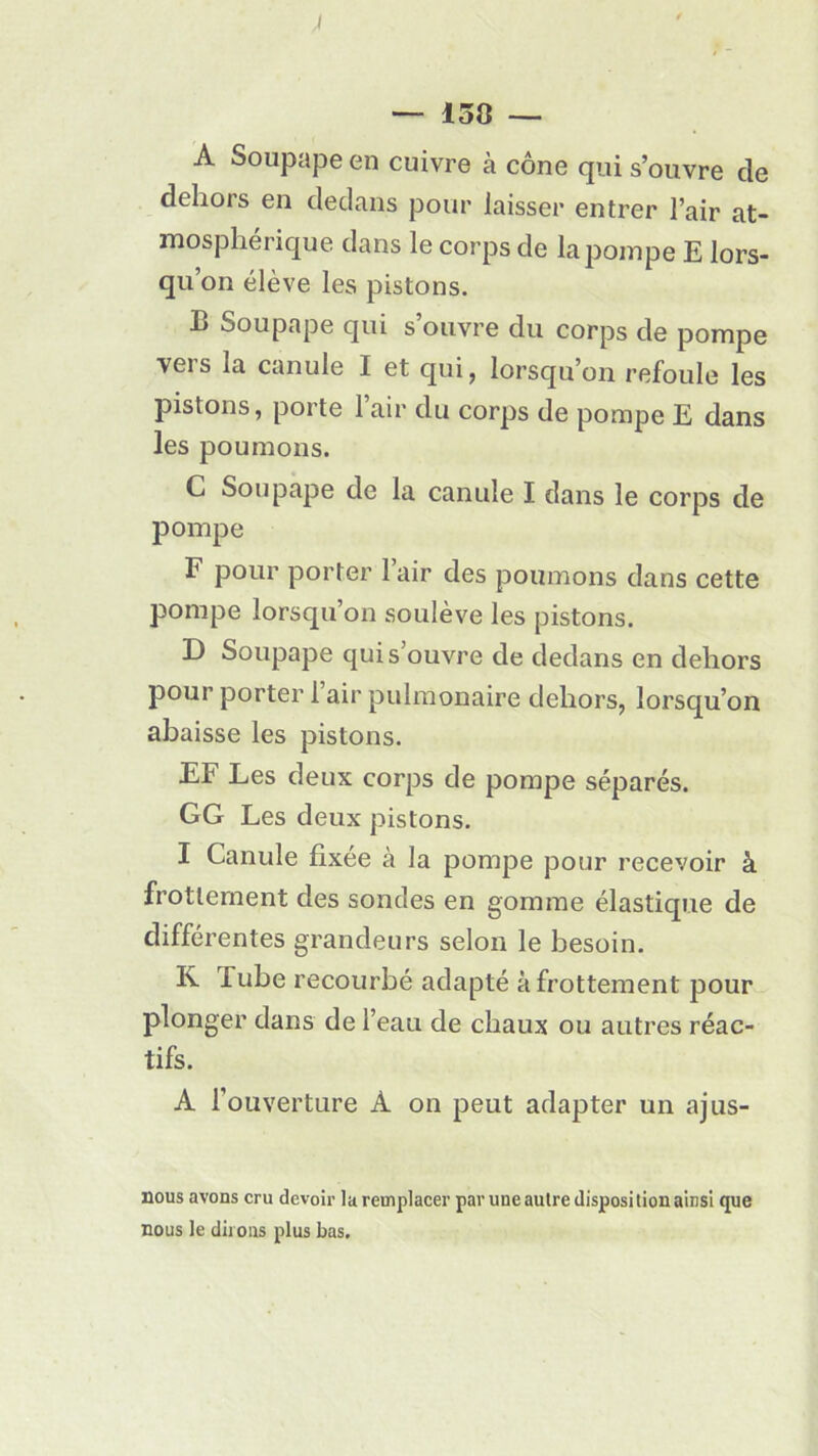 J — 158 — A Soupape en cuivre à cône qui s’ouvre de dehors en dedans pour laisser entrer l’air at- mosphérique dans le corps de la pompe E lors- qu’on élève les pistons. B Soupape qui s’ouvre du corps de pompe vers la canule I et qui, lorsqu’on refoule les pistons, porte l’air du corps de pompe E dans les poumons. C Soupape de la canule I dans le corps de pompe F pour porter l’air des poumons dans cette pompe lorsqu’on soulève les pistons. D Soupape qui s’ouvre de dedans en dehors pour porter 1 air pulmonaire dehors, lorsqu’on abaisse les pistons. EF Les deux corps de pompe séparés. GG Les deux pistons. I Canule fixée à la pompe pour recevoir à frottement des sondes en gomme élastique de différentes grandeurs selon le besoin. K Tube recourbé adapté à frottement pour plonger dans de l’eau de chaux ou autres réac- tifs. A l’ouverture A on peut adapter un ajus- nous avons cru devoir la remplacer par une autre disposition ainsi que nous le dirons plus bas.